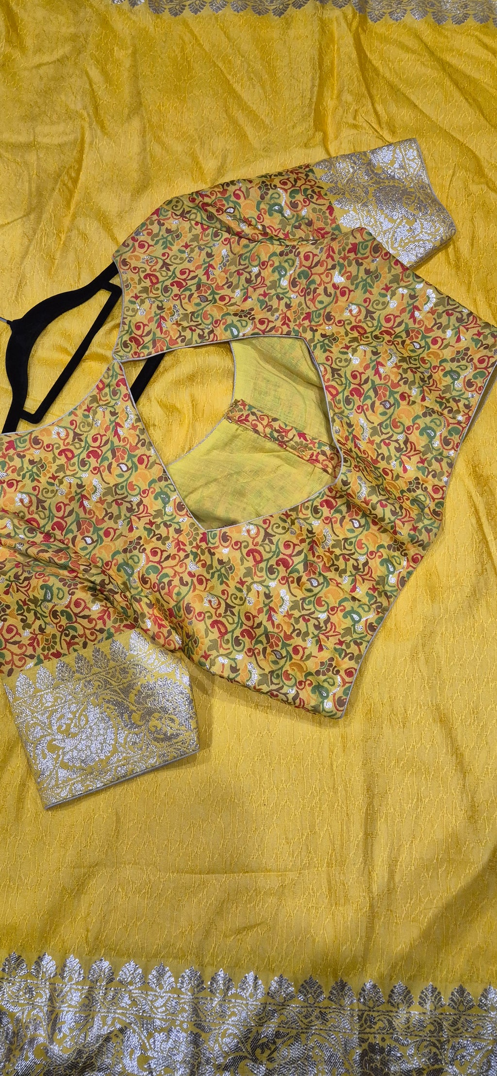 Yellow Russian Silk Saree with Multicolour Floral Print Blouse