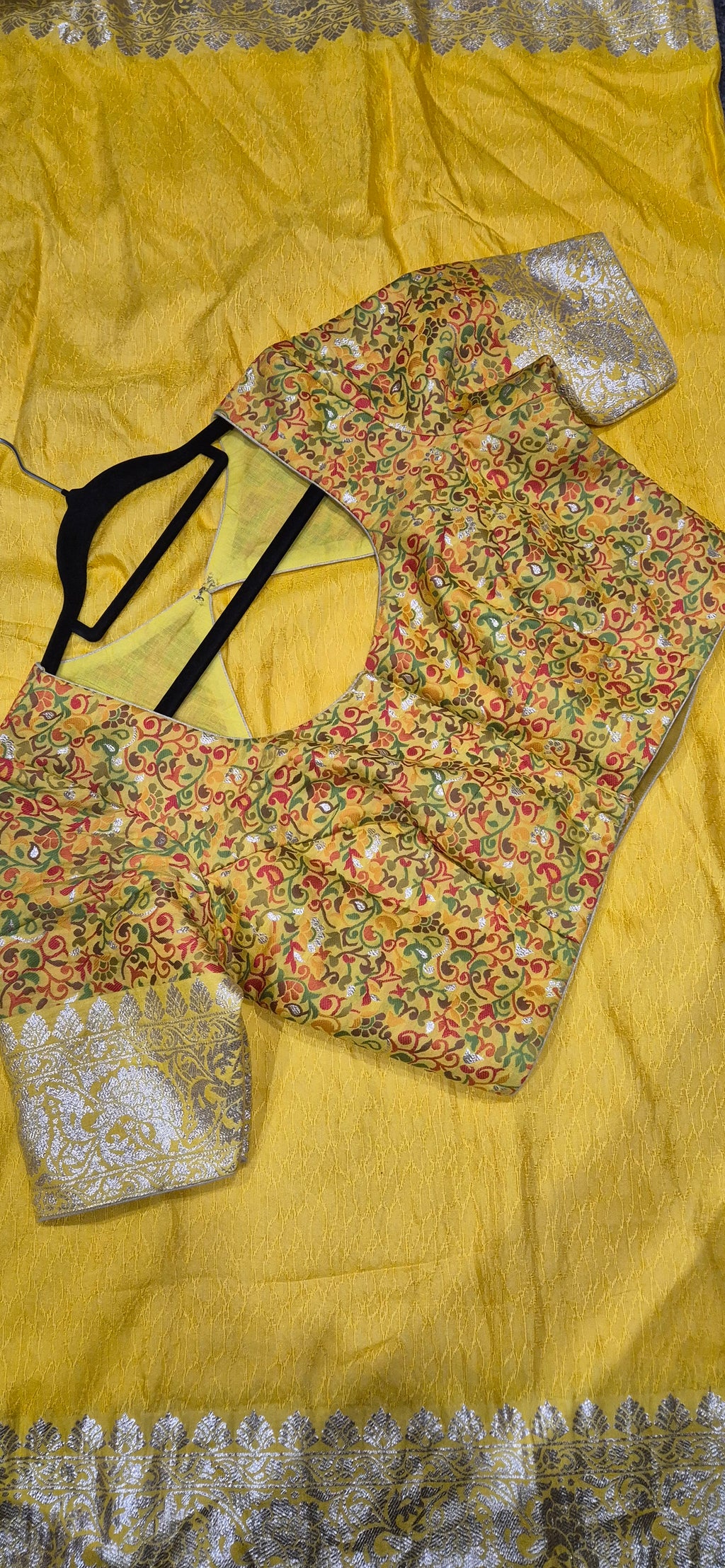 Yellow Russian Silk Saree with Multicolour Floral Print Blouse