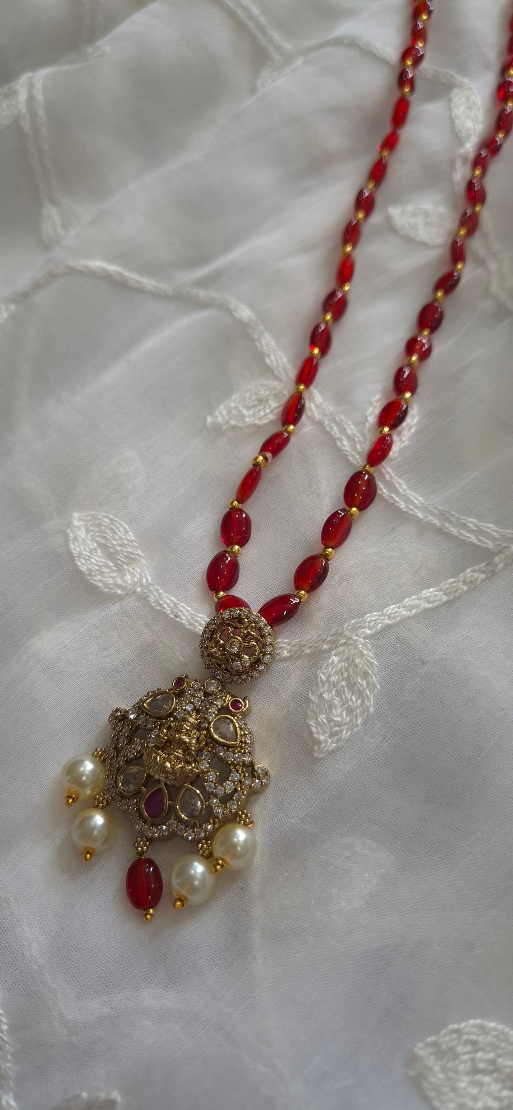 Red Coral Bead Long Necklace with Antique Gold Pendant
