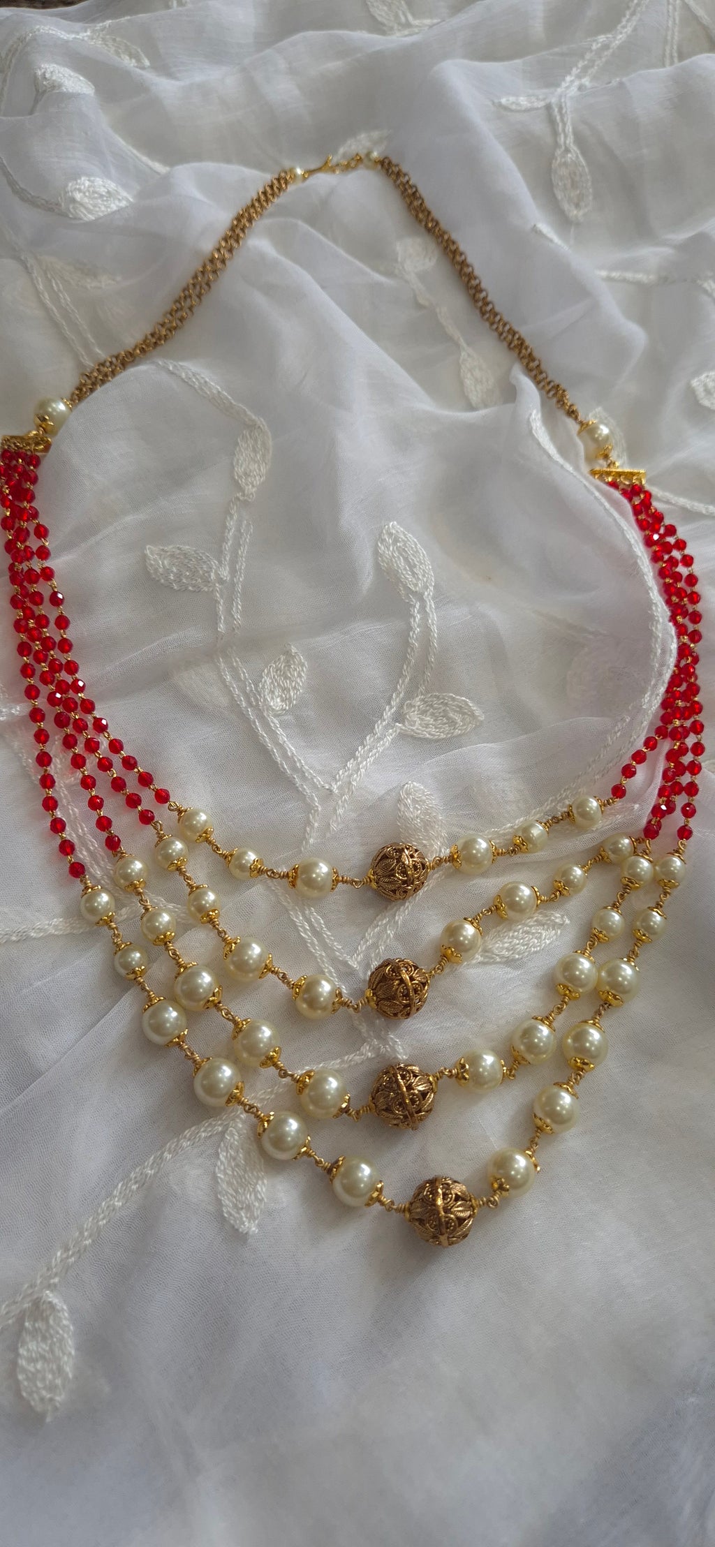 Red Crystal & Pearl Multi-Layer Necklace