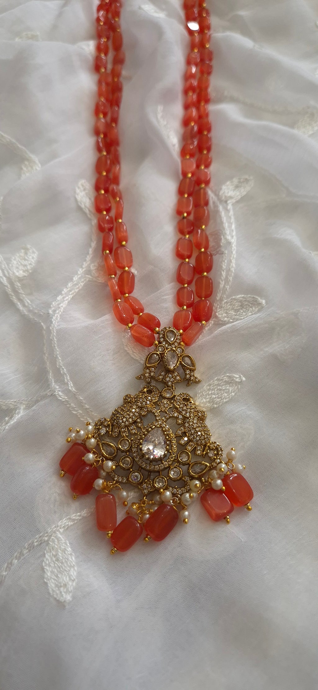 Peach Bead Long Necklace with Kundan Pendant