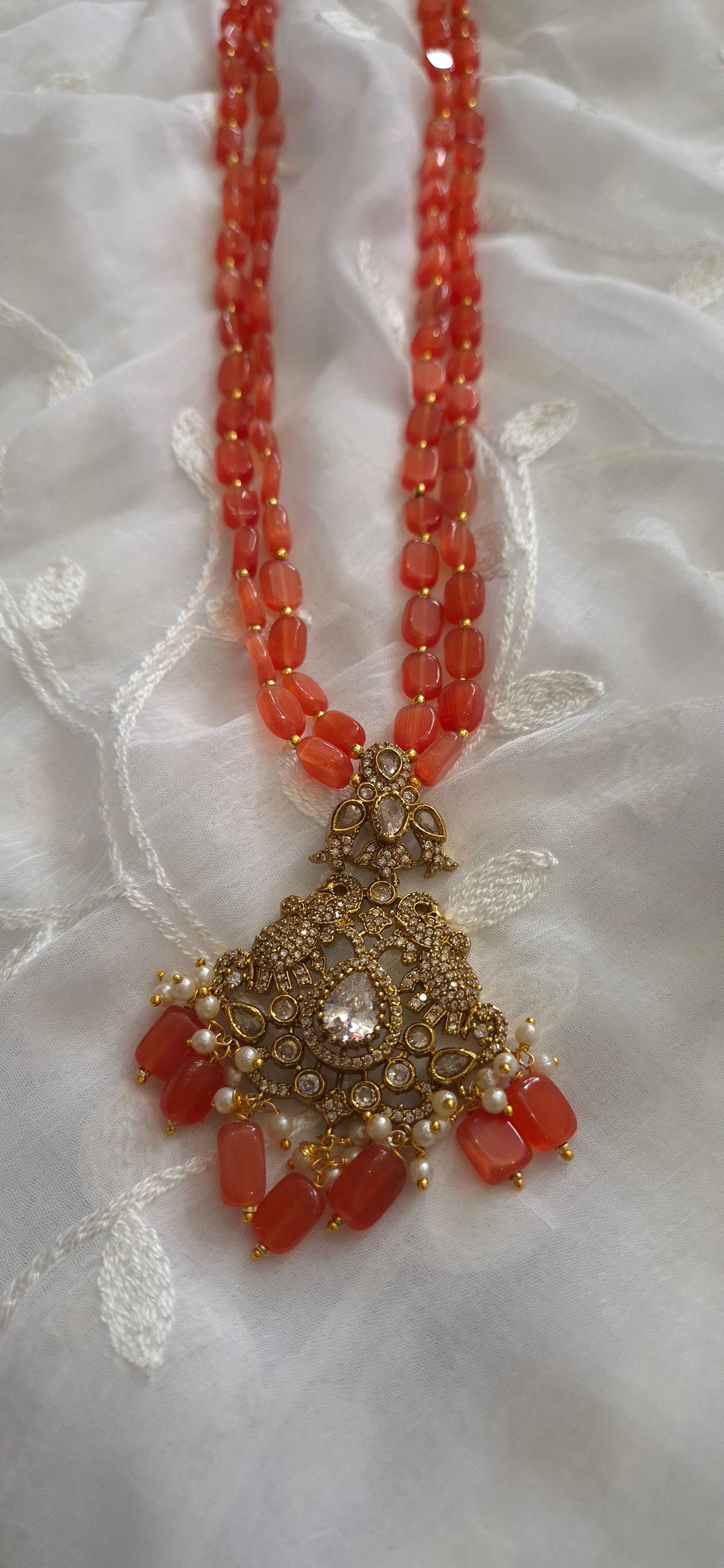 Peach Bead Long Necklace with Kundan Pendant