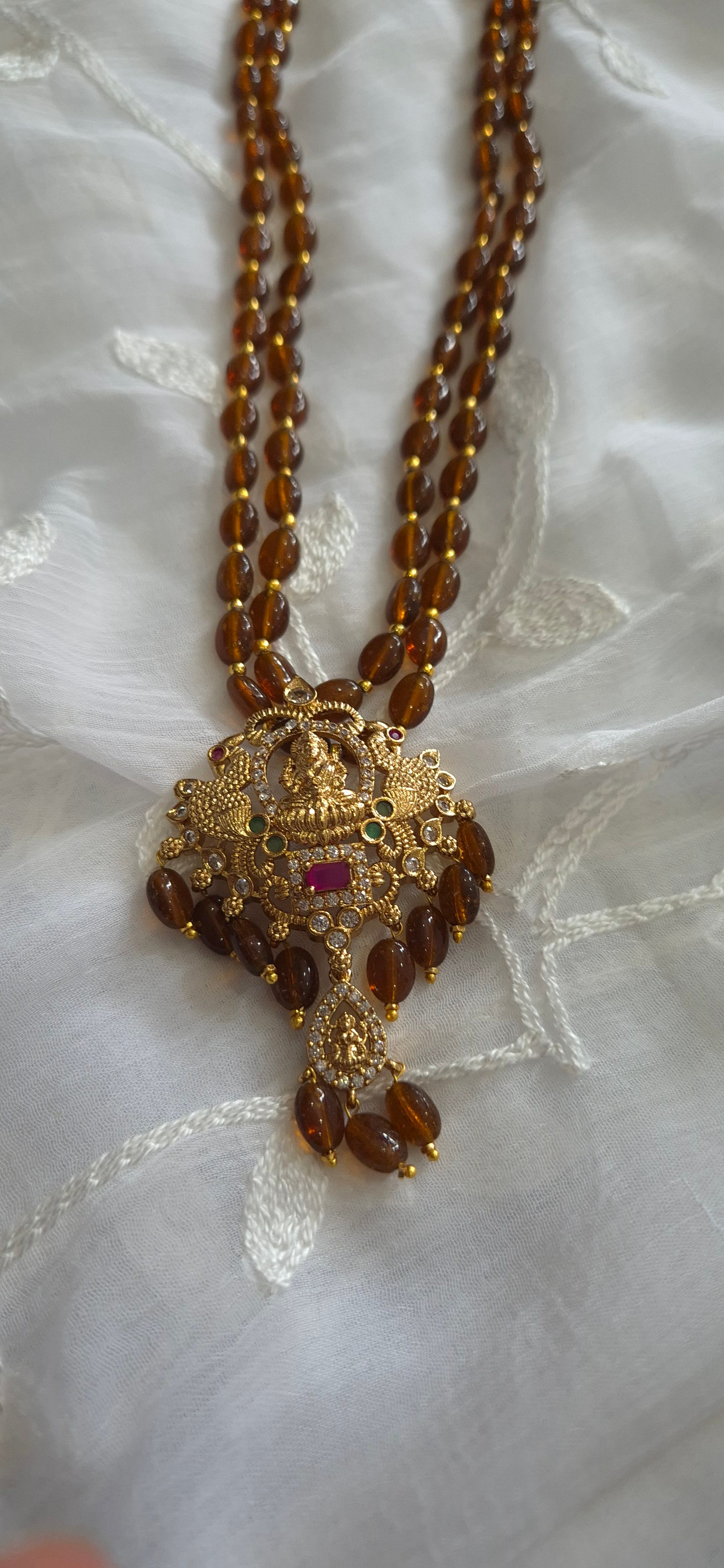 Brown Bead Long Necklace with Lakshmi Temple Pendant