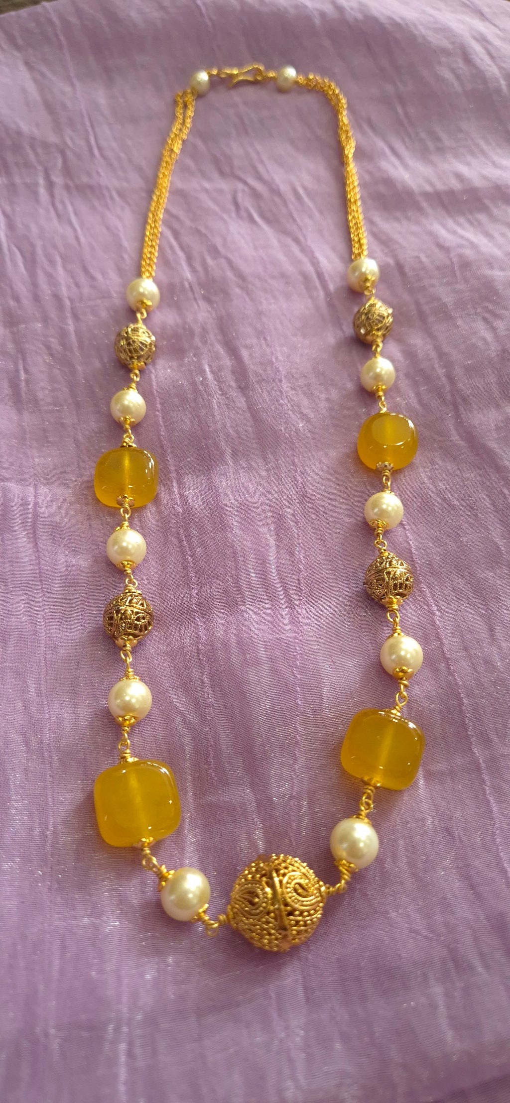 Yellow Agate & Pearl Long Necklace