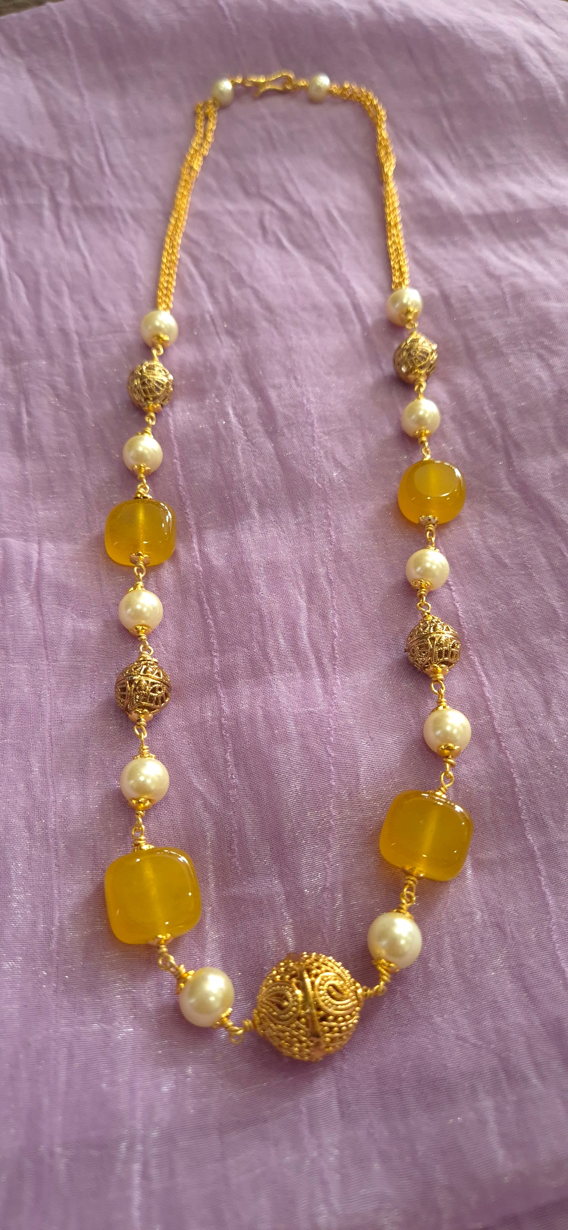 Yellow Agate & Pearl Long Necklace