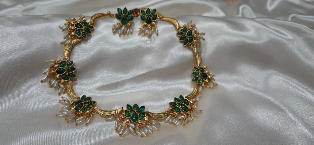 Ruby & Emerald Flower Cluster Chain Necklace Set