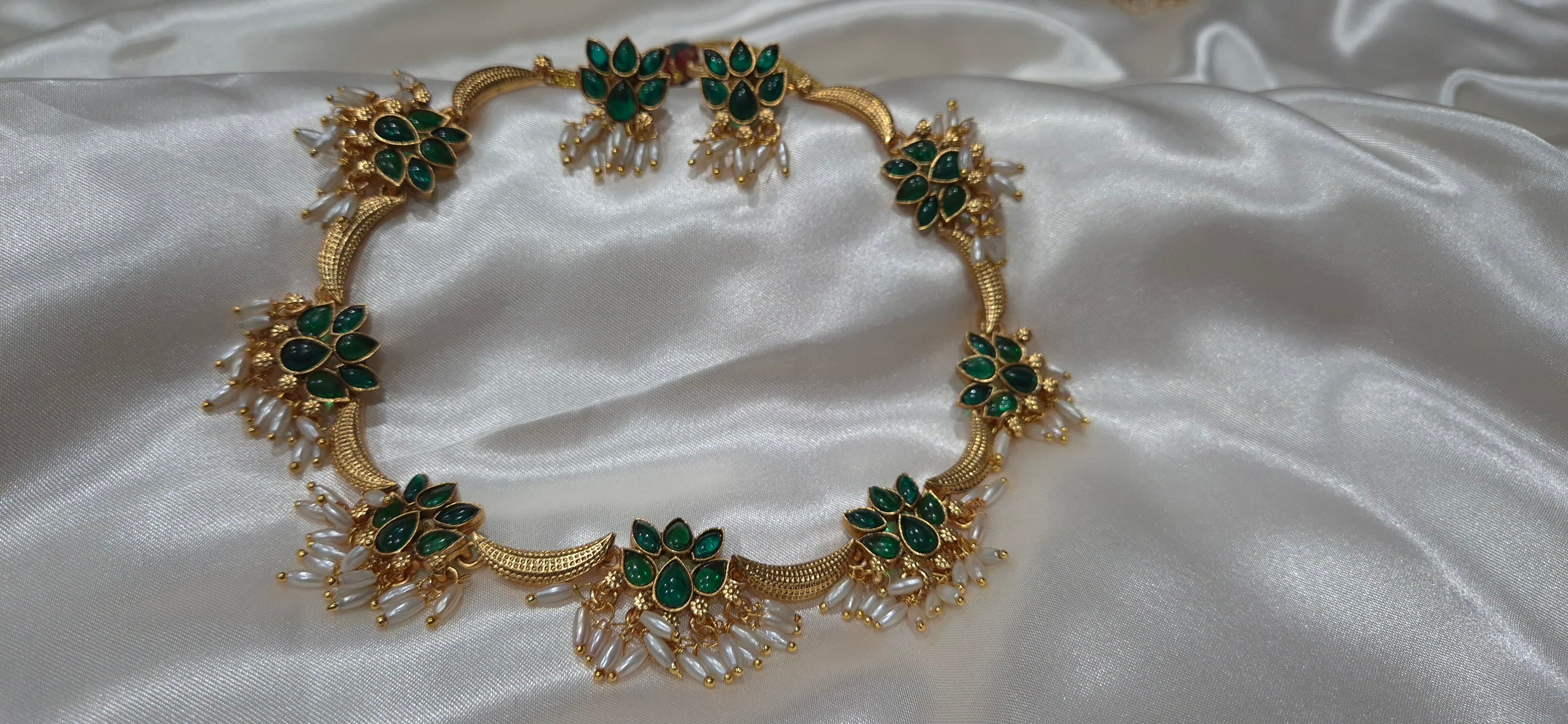 Ruby & Emerald Flower Cluster Chain Necklace Set