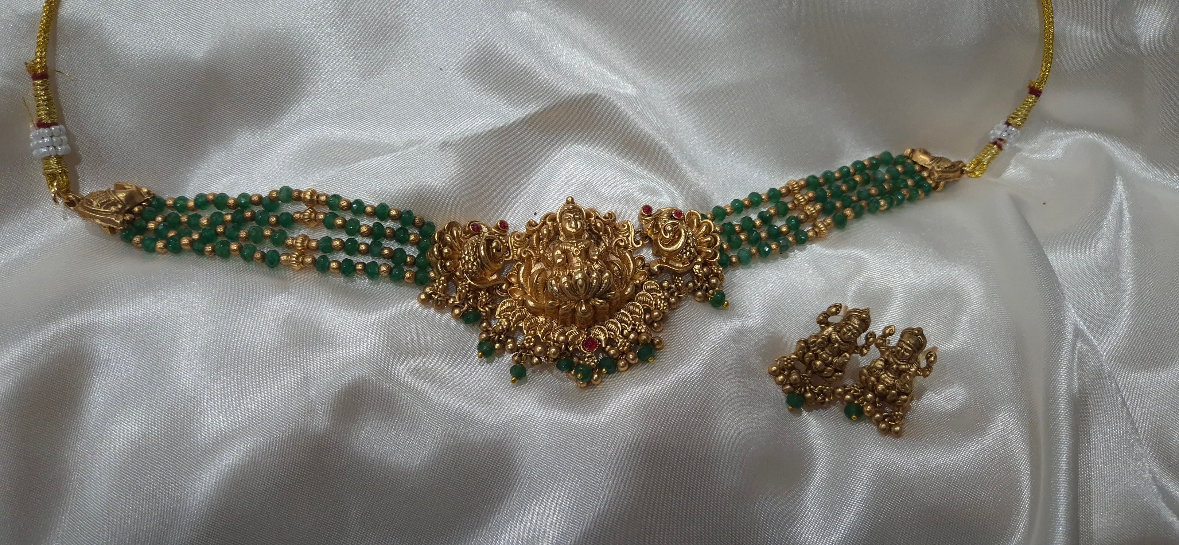 Emerald Green Lakshmi Necklace Set with Stud Earrings