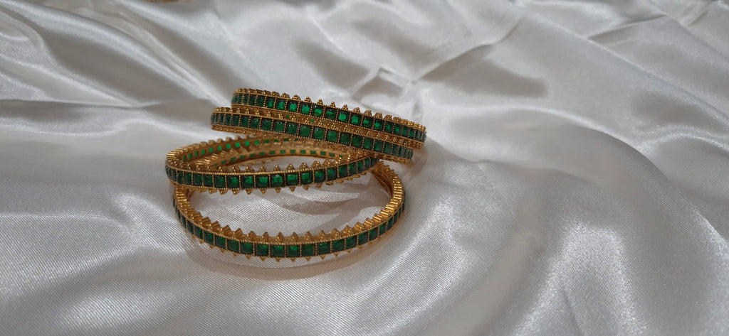 Emerald Green Stone Gold Bangles - Set of 4