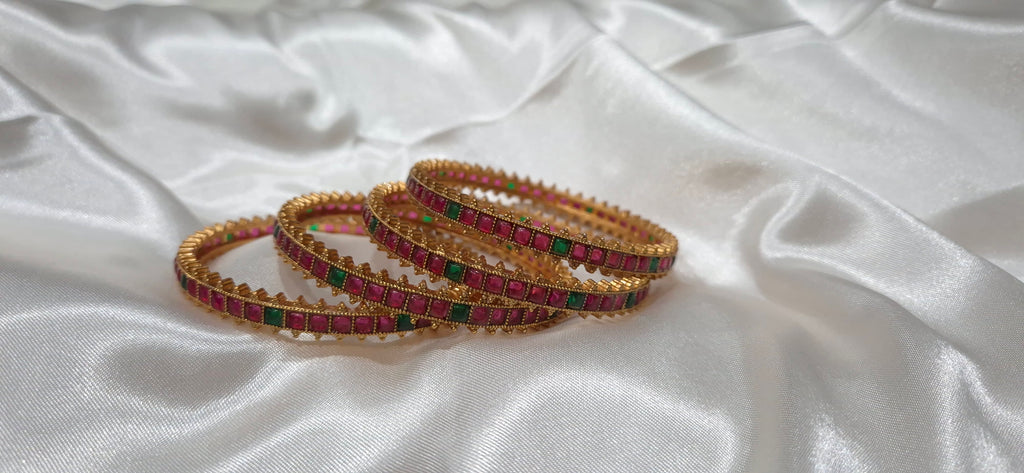 Ruby Red & Emerald Green Stone Gold Bangles - Set of 4