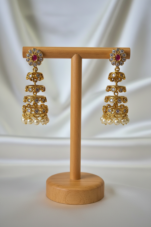 3-Tier Gold Jhumkas - On Stand