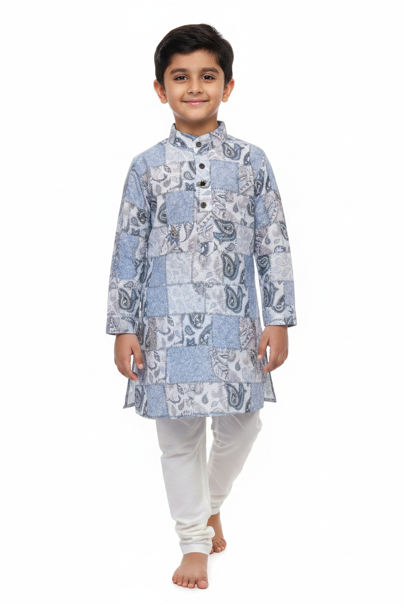 6-year-old boy in Blue Paisley Patchwork Kurta