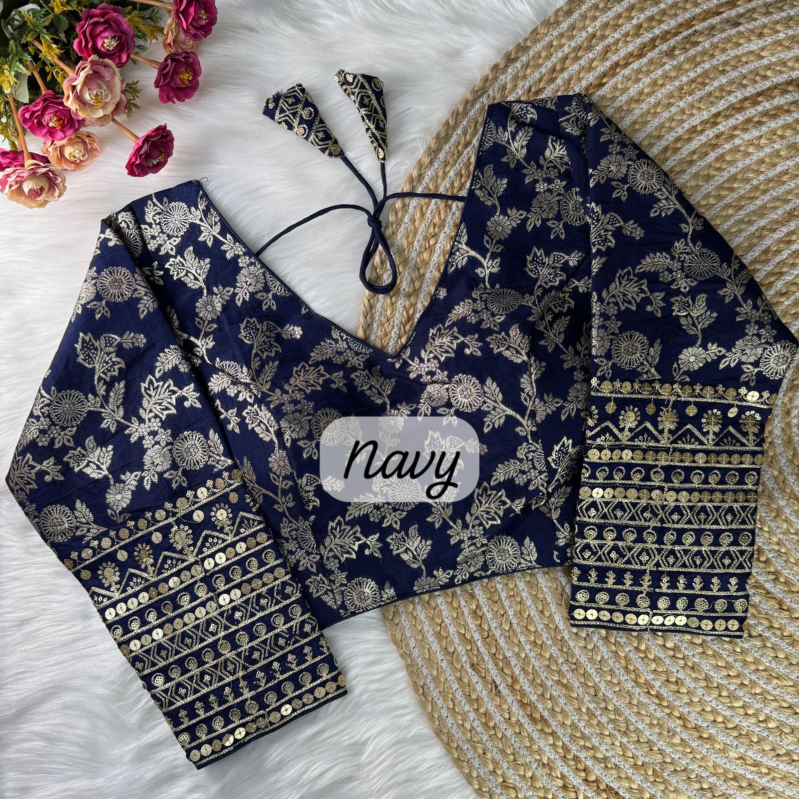 Navy Banarasi Embroidered Saree Blouse