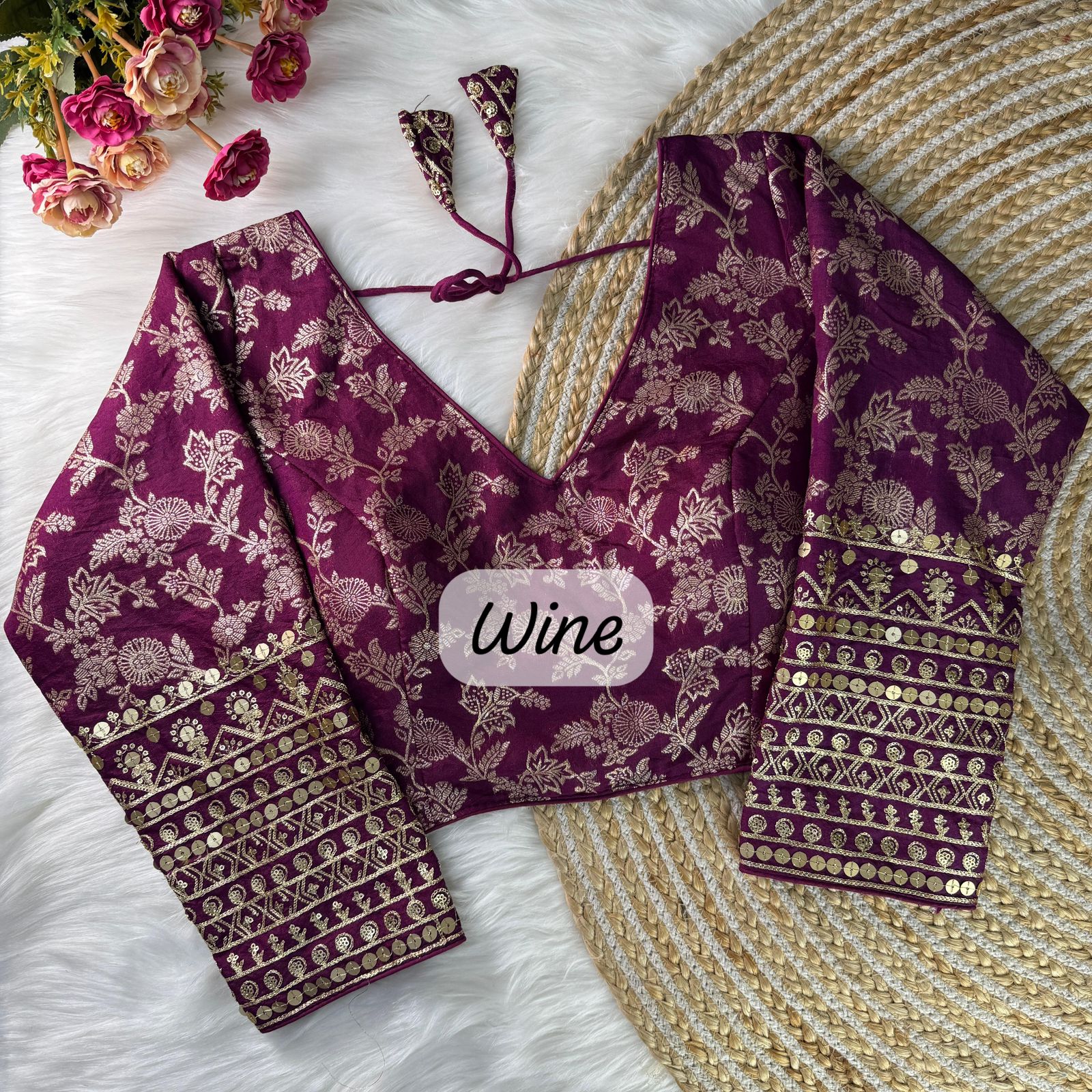 Wine Banarasi Embroidered Saree Blouse