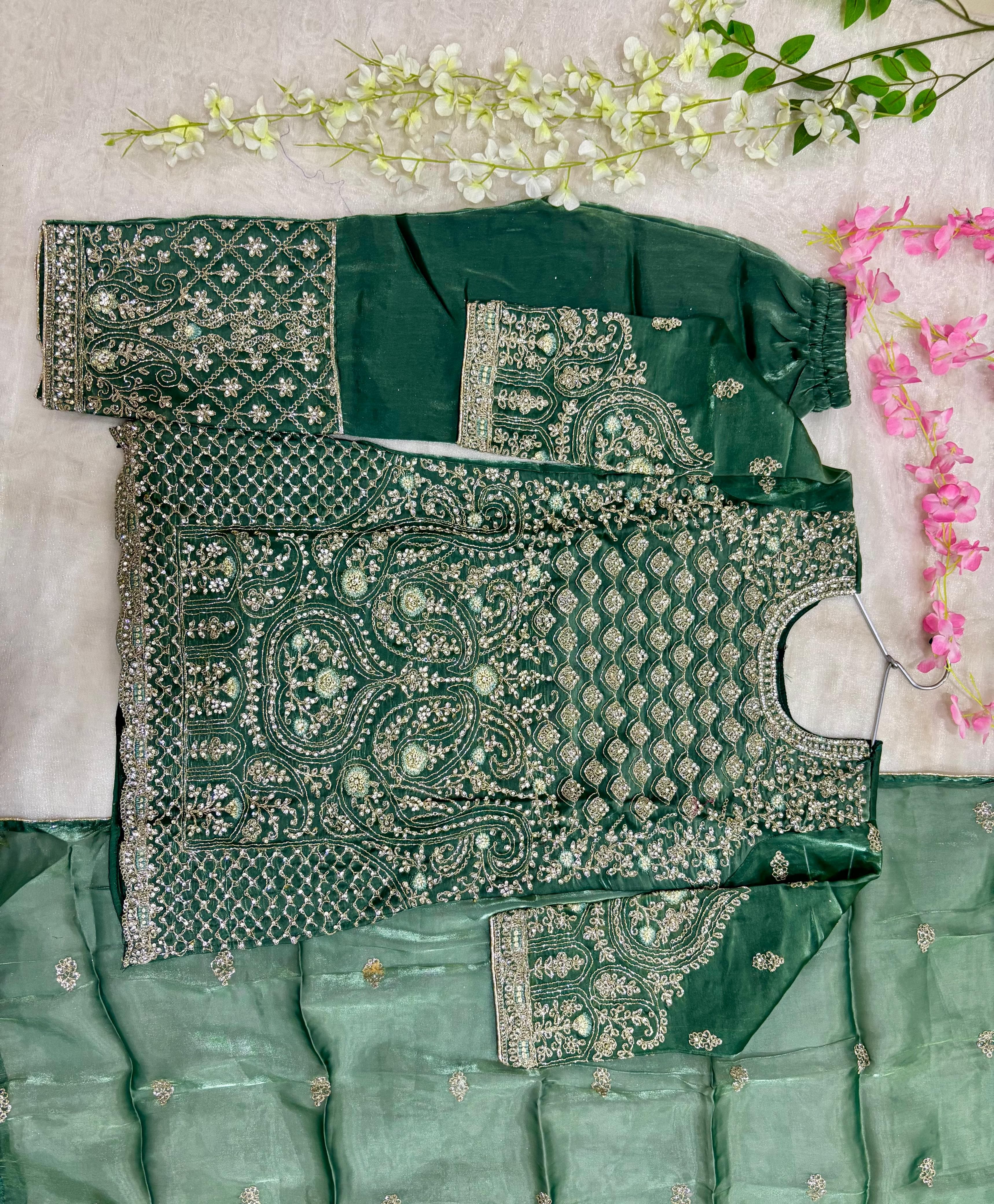 Dark Green Heavy Embroidered Kids Kurti Set