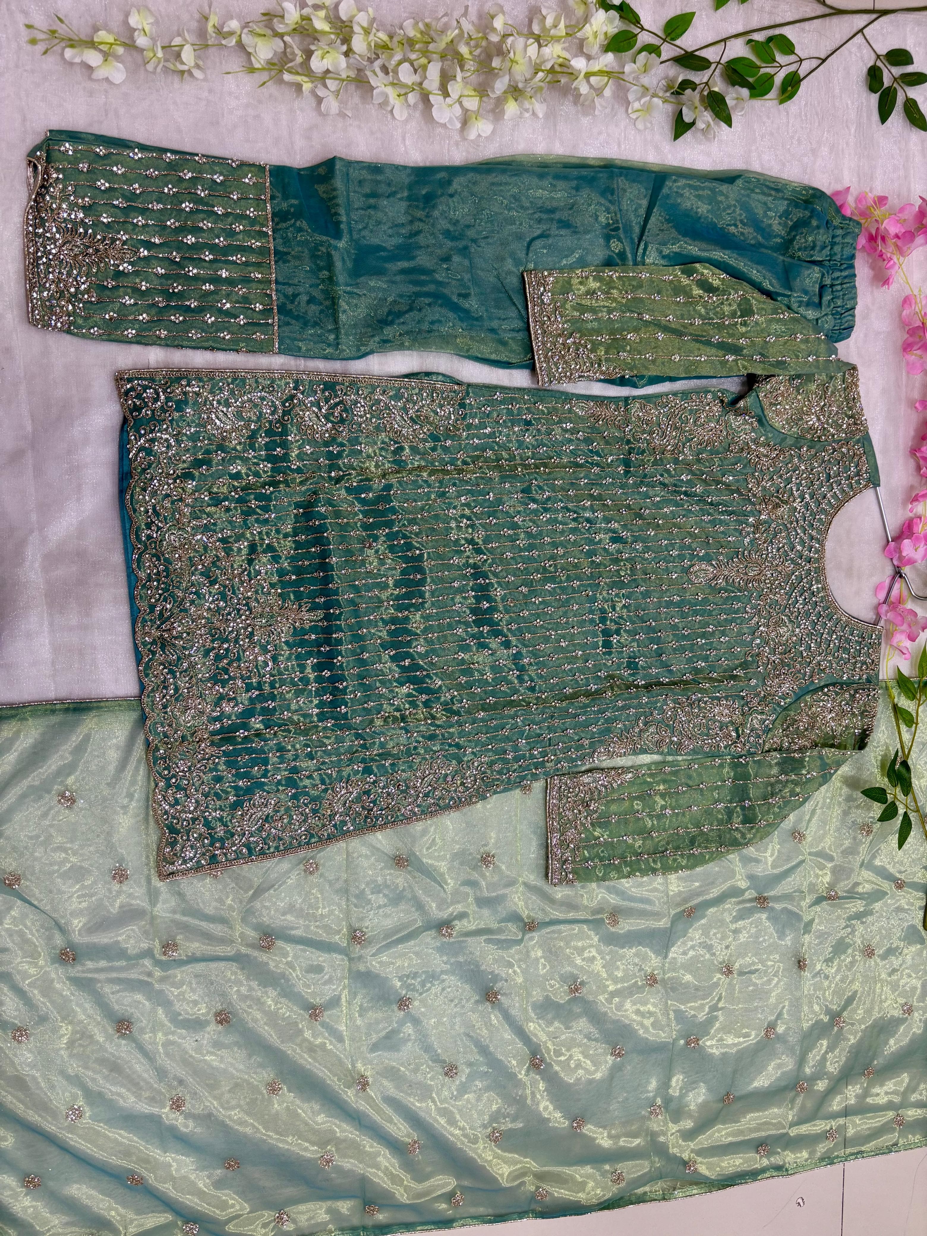 Teal Heavy Embroidered Kids Kurti Set