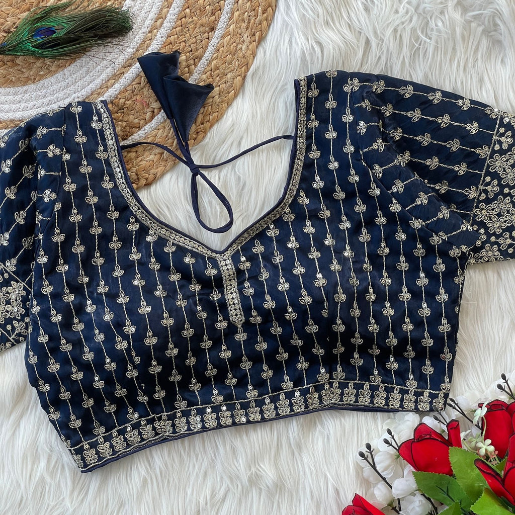Navy Embroidered Silk Saree Blouse