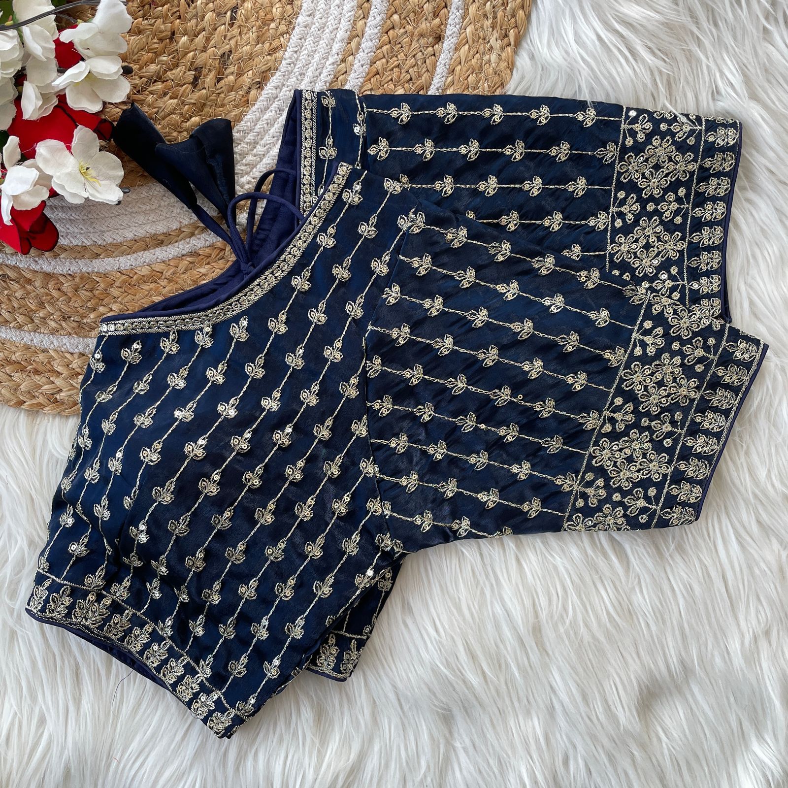 Navy Embroidered Silk Saree Blouse