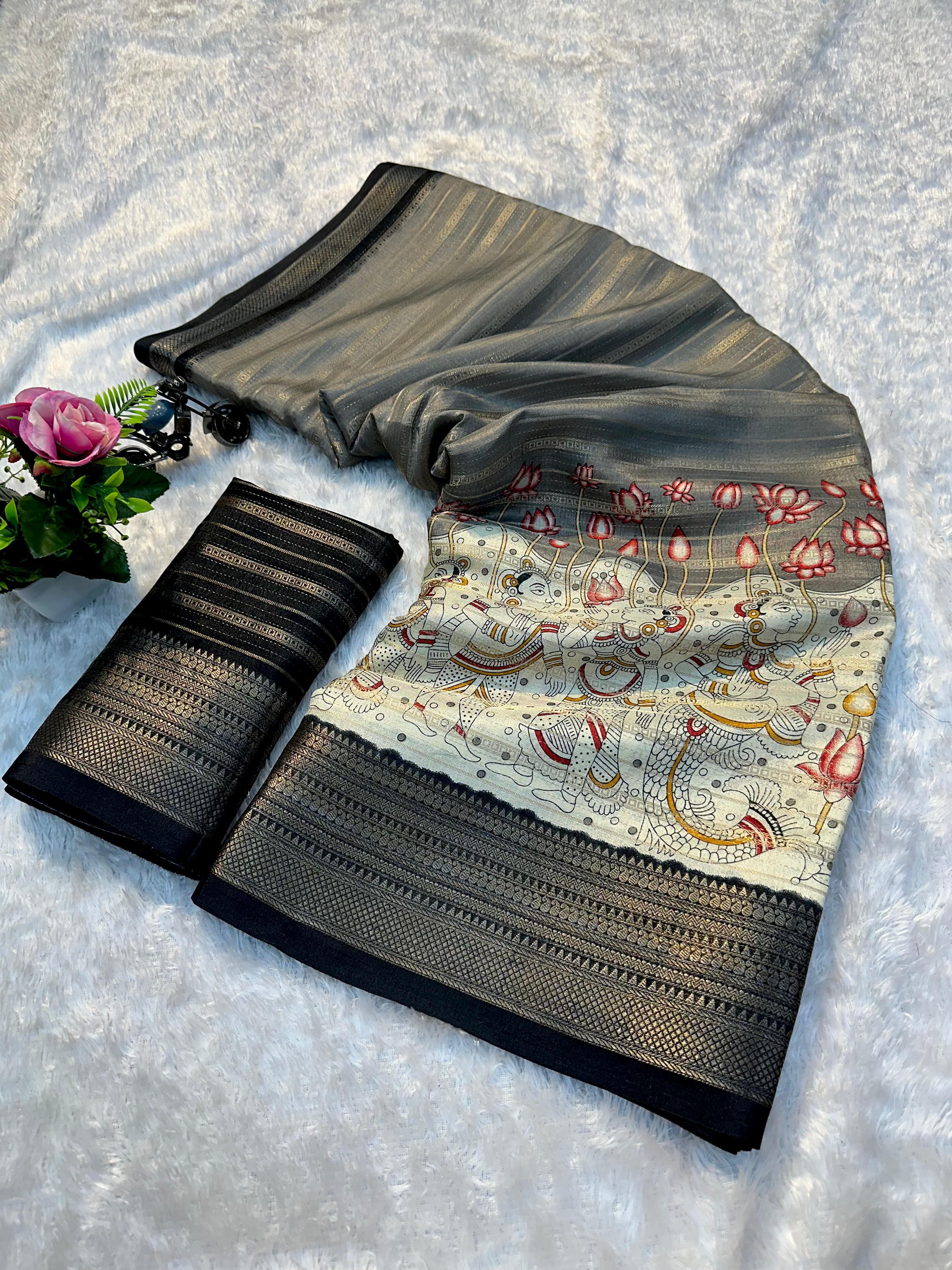 Grey Kalamkari Dola Silk Saree with Blouse