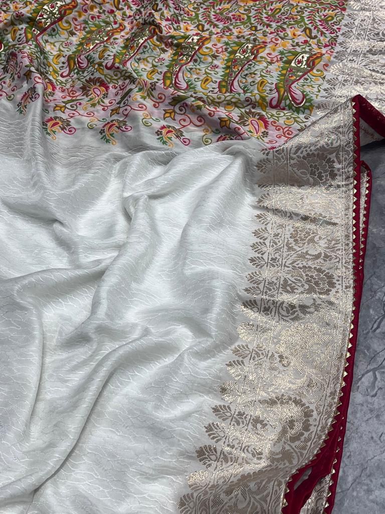 White Russian silk Saree with Multicolour Floral Print Blouse