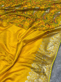 Yellow Russian Silk Saree with Multicolour Floral Print Blouse