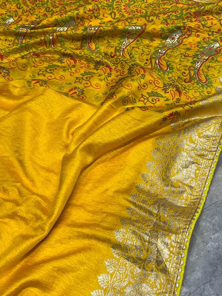 Yellow Russian Silk Saree with Multicolour Floral Print Blouse