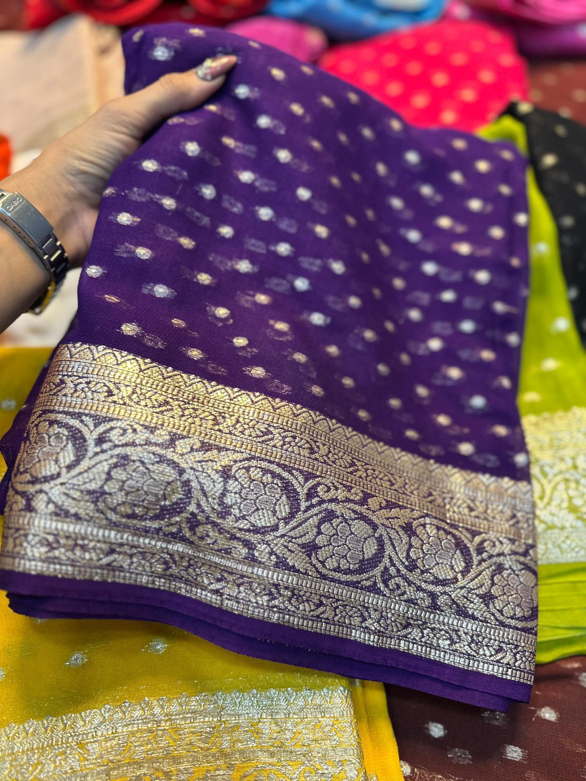 Purple Viscose Georgette Saree with Silver Zari Border