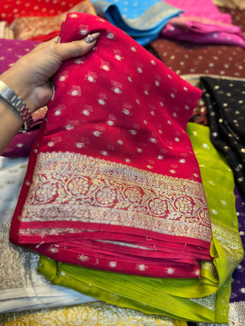 Hot Pink Viscose Georgette Saree with Silver Zari Border