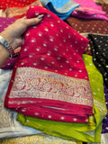 Hot Pink Viscose Georgette Saree with Silver Zari Border