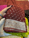 Chocolate Brown Viscose Georgette Saree with Silver Zari Border