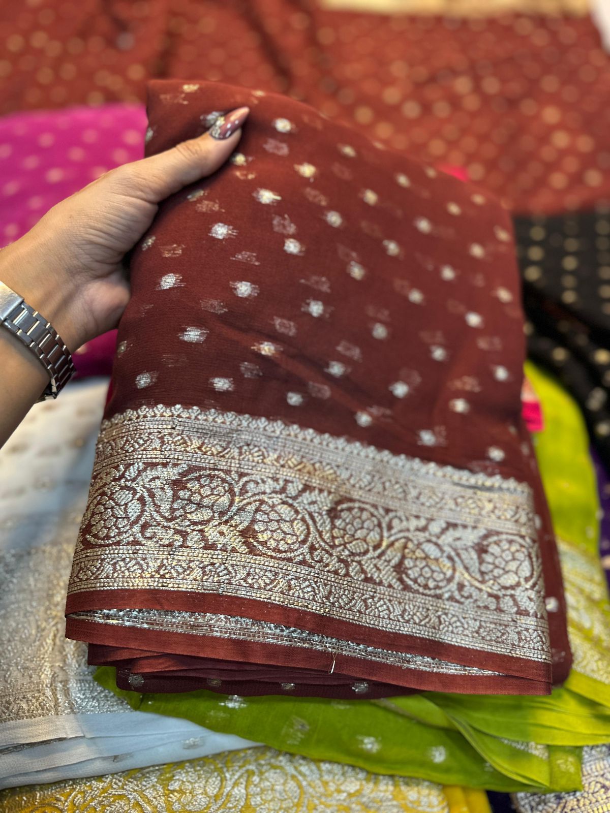 Chocolate Brown Viscose Georgette Saree with Silver Zari Border