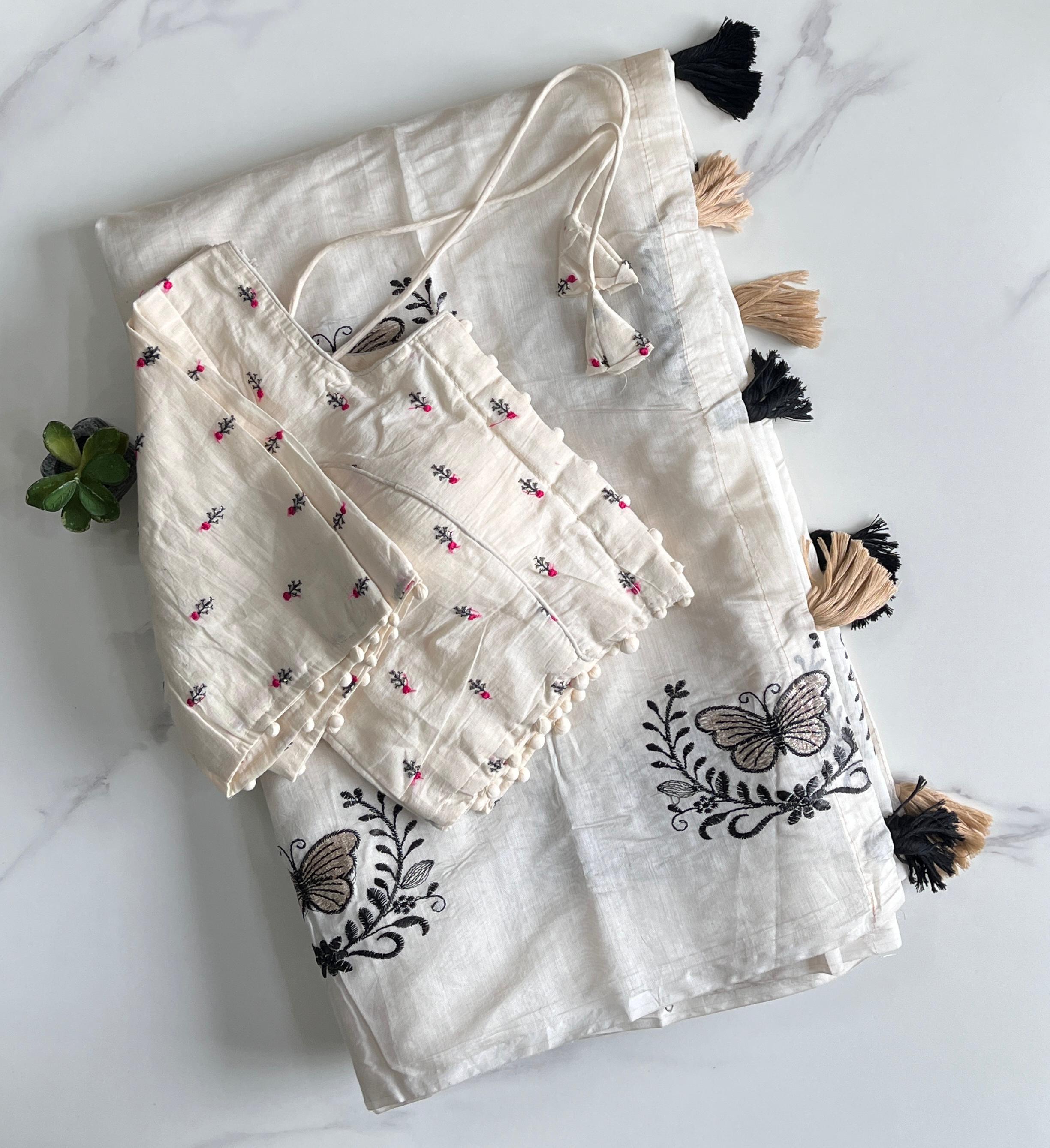 Butterfly Two Chanderi Silk Saree - White (Floral Mini Blouse)