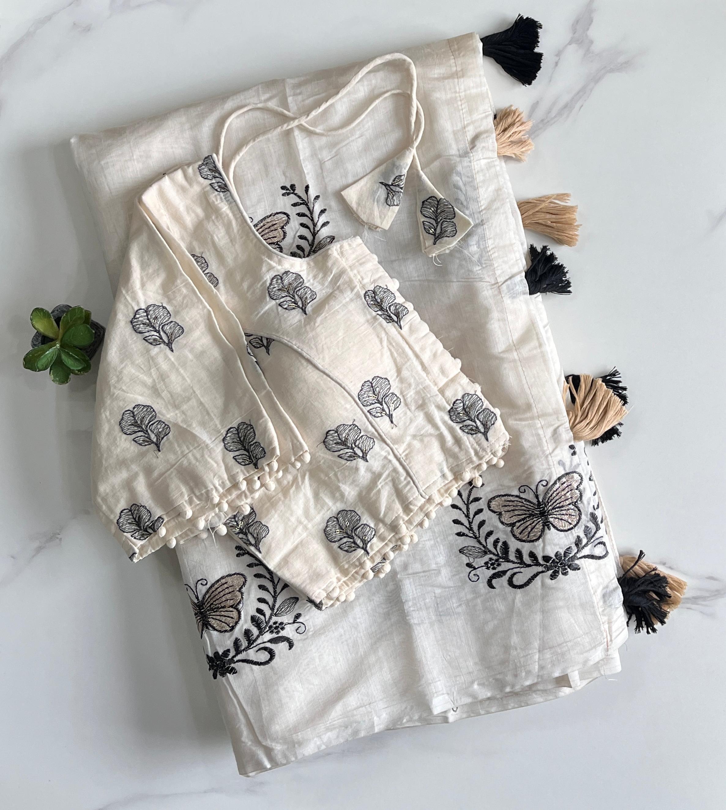 Butterfly Two Chanderi Silk Saree - White (Leaf Embroidered Blouse)