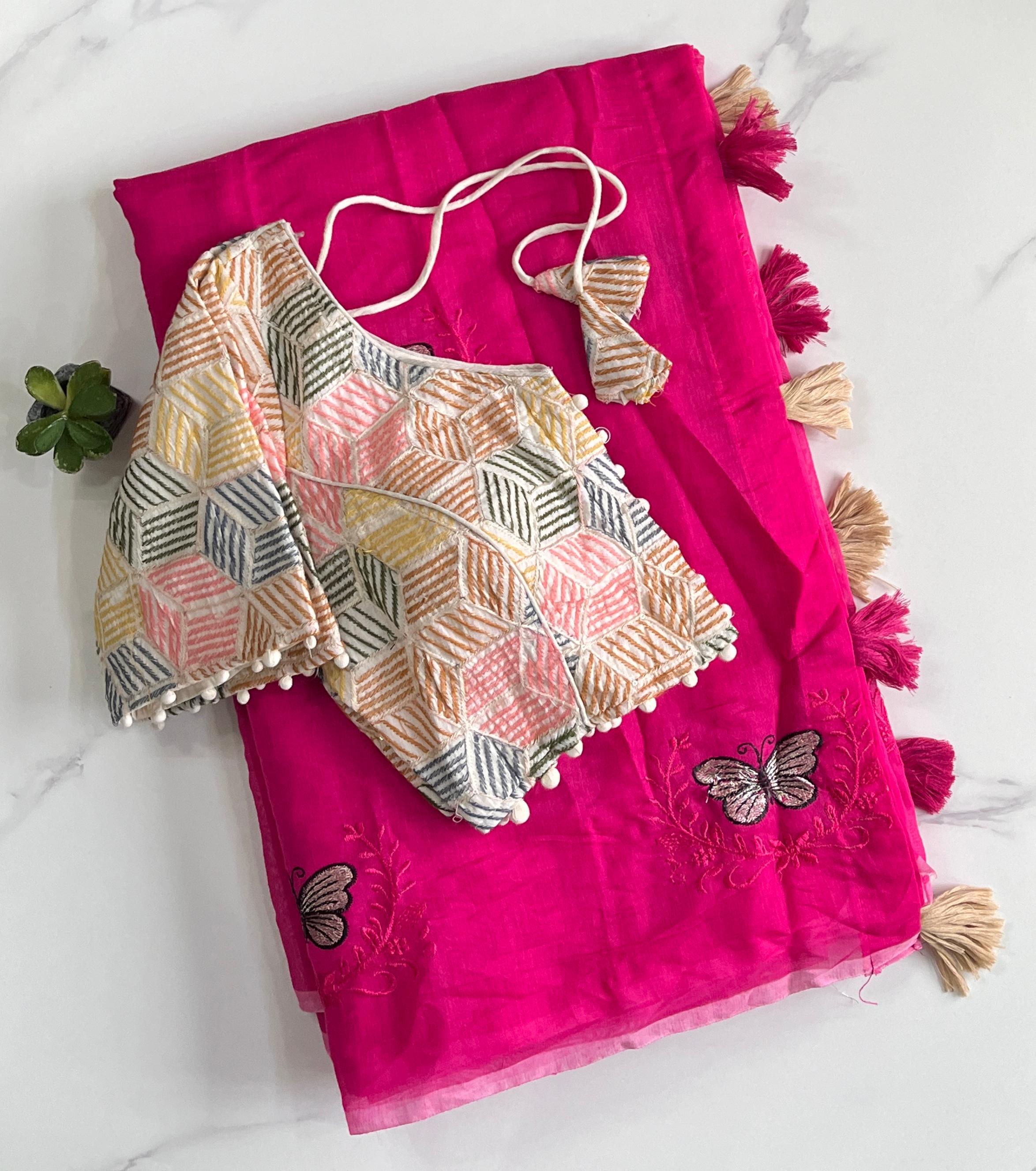 Butterfly Two Chanderi Silk Saree - Hot Pink (Geometric Patchwork Blouse)