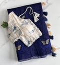 Butterfly Two Chanderi Silk Saree - Navy Blue (Floral Blouse)