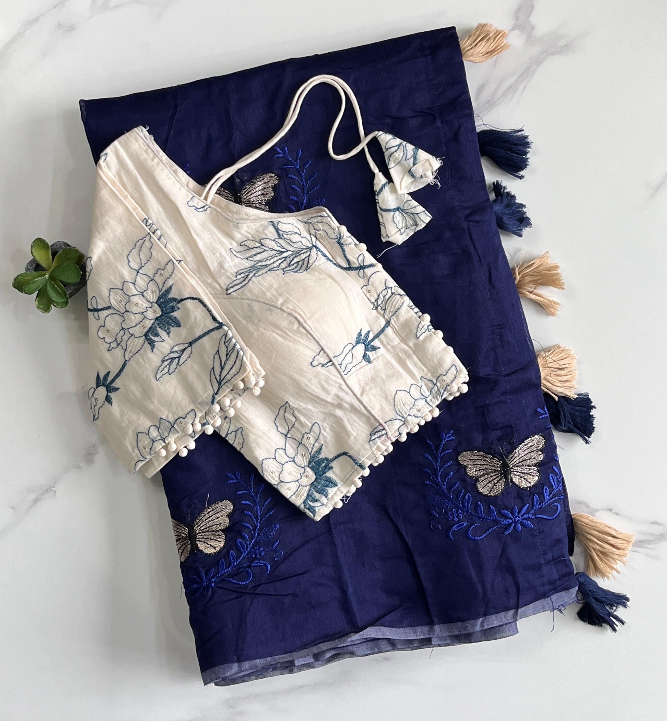 Butterfly Two Chanderi Silk Saree - Navy Blue (Floral Blouse)