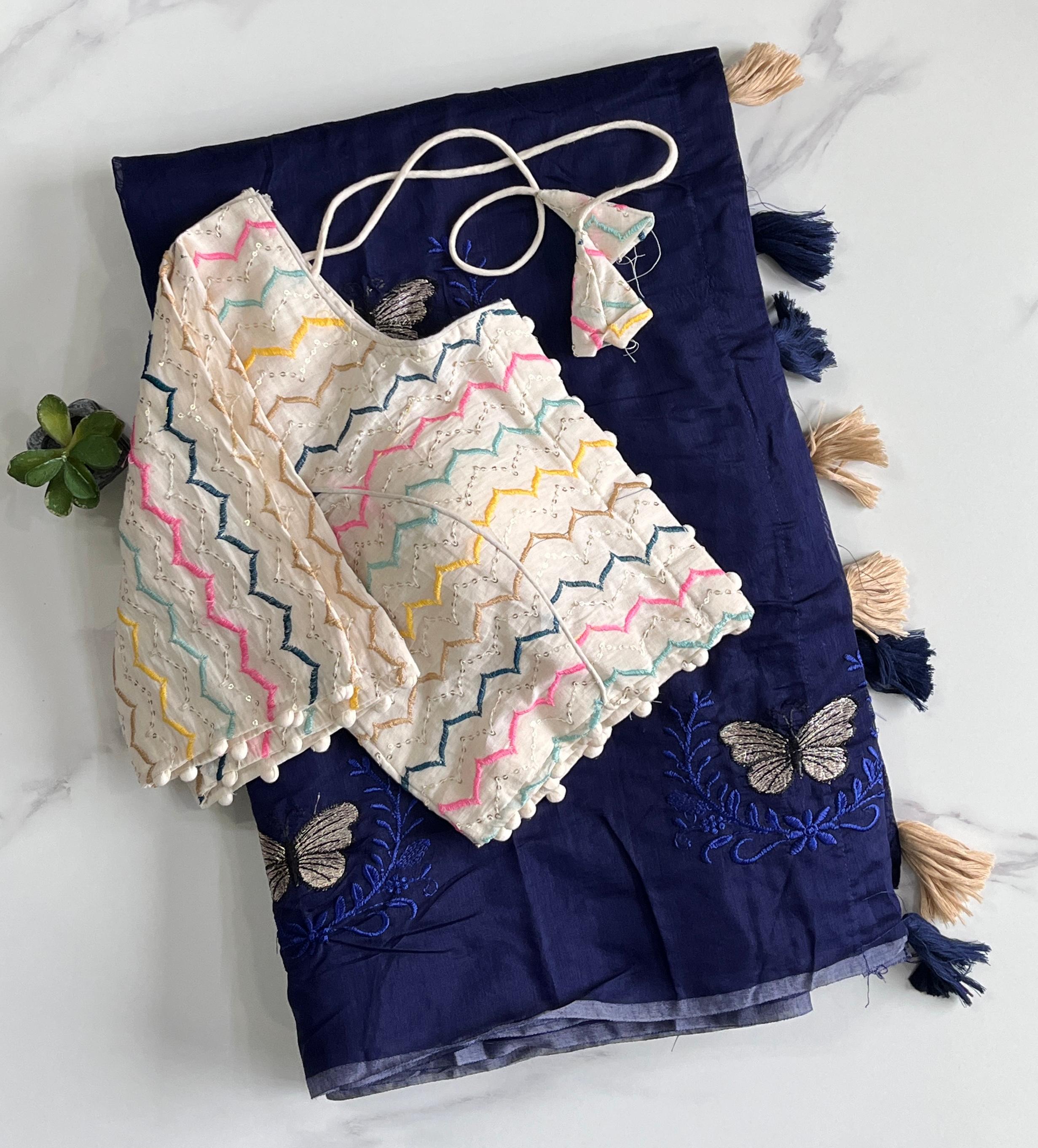 Butterfly Two Chanderi Silk Saree - Navy Blue (Zigzag Blouse)