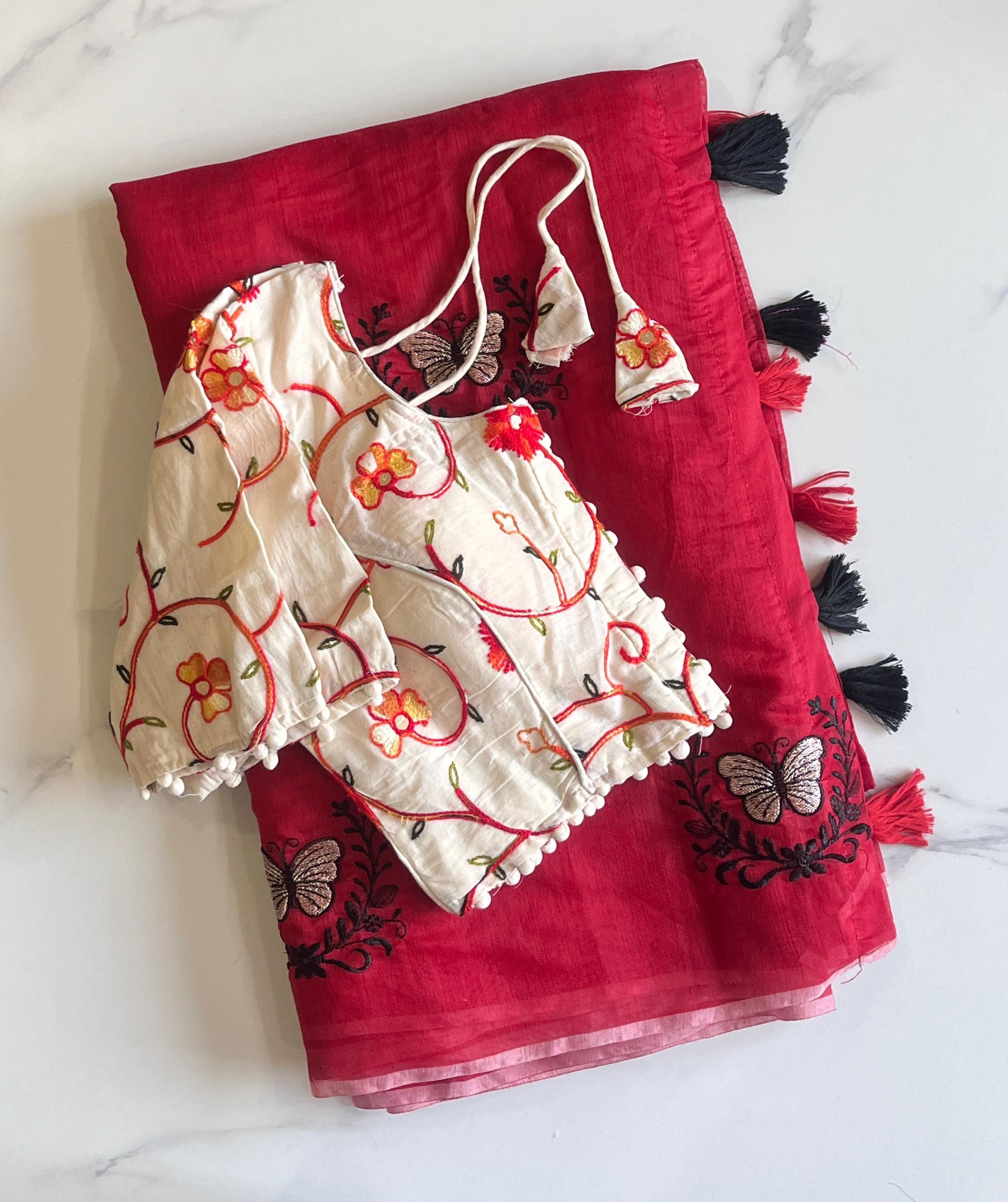 Butterfly Two Chanderi Silk Saree - Red