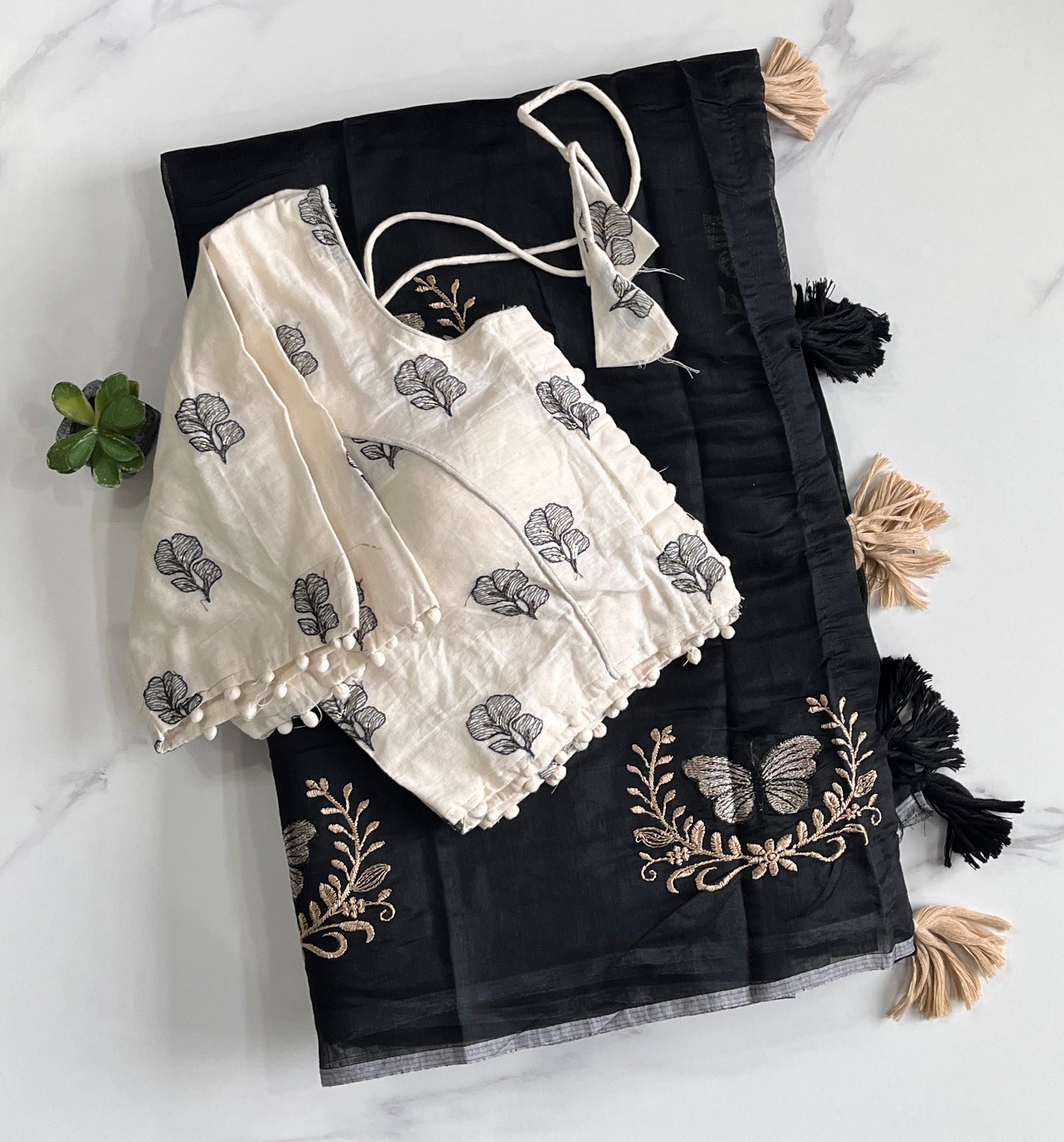 Butterfly Two Chanderi Silk Saree - Black (Leaf Embroidered Blouse)