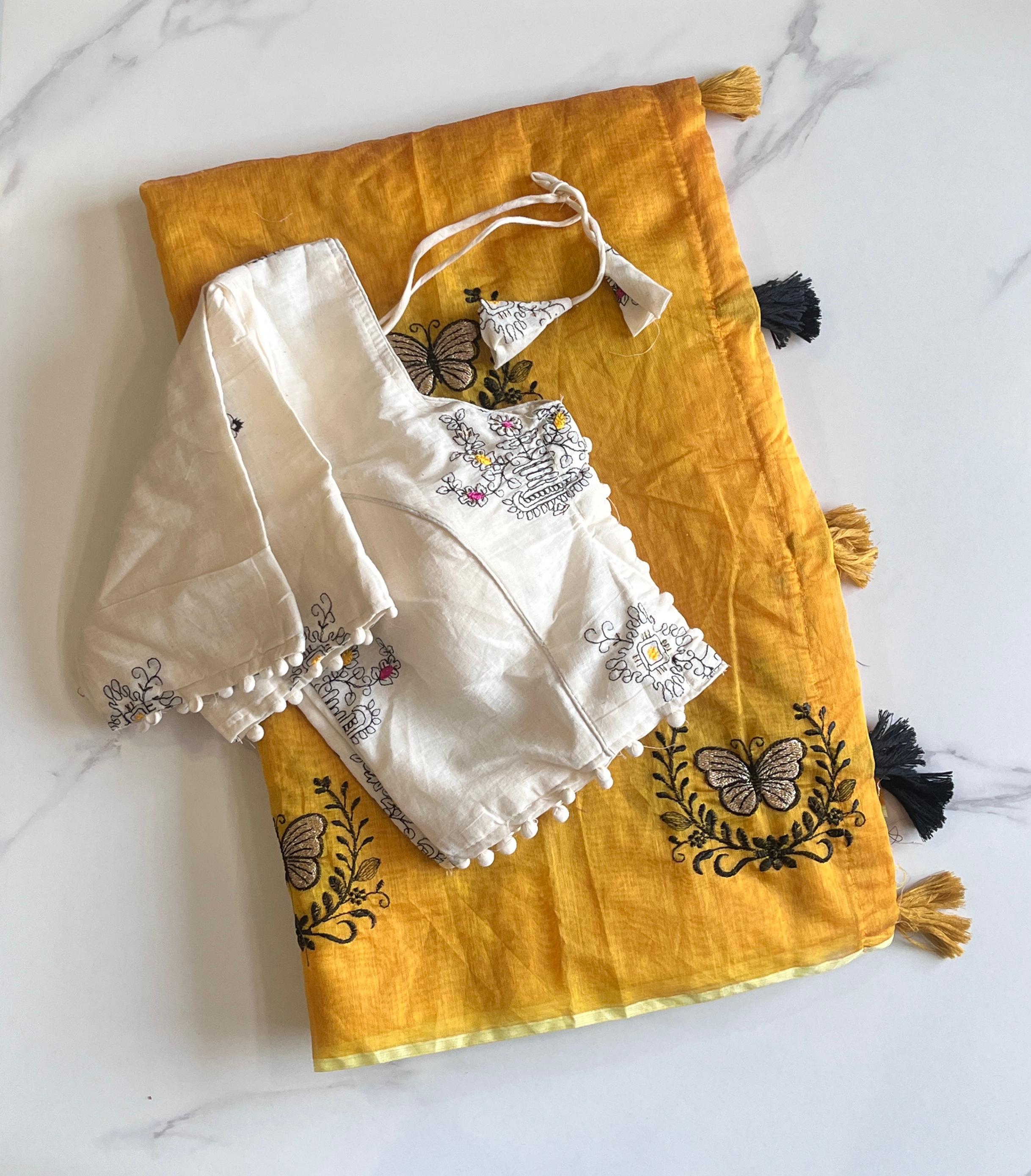 Butterfly Two Chanderi Silk Saree - Yellow (Floral Embroidered Blouse)