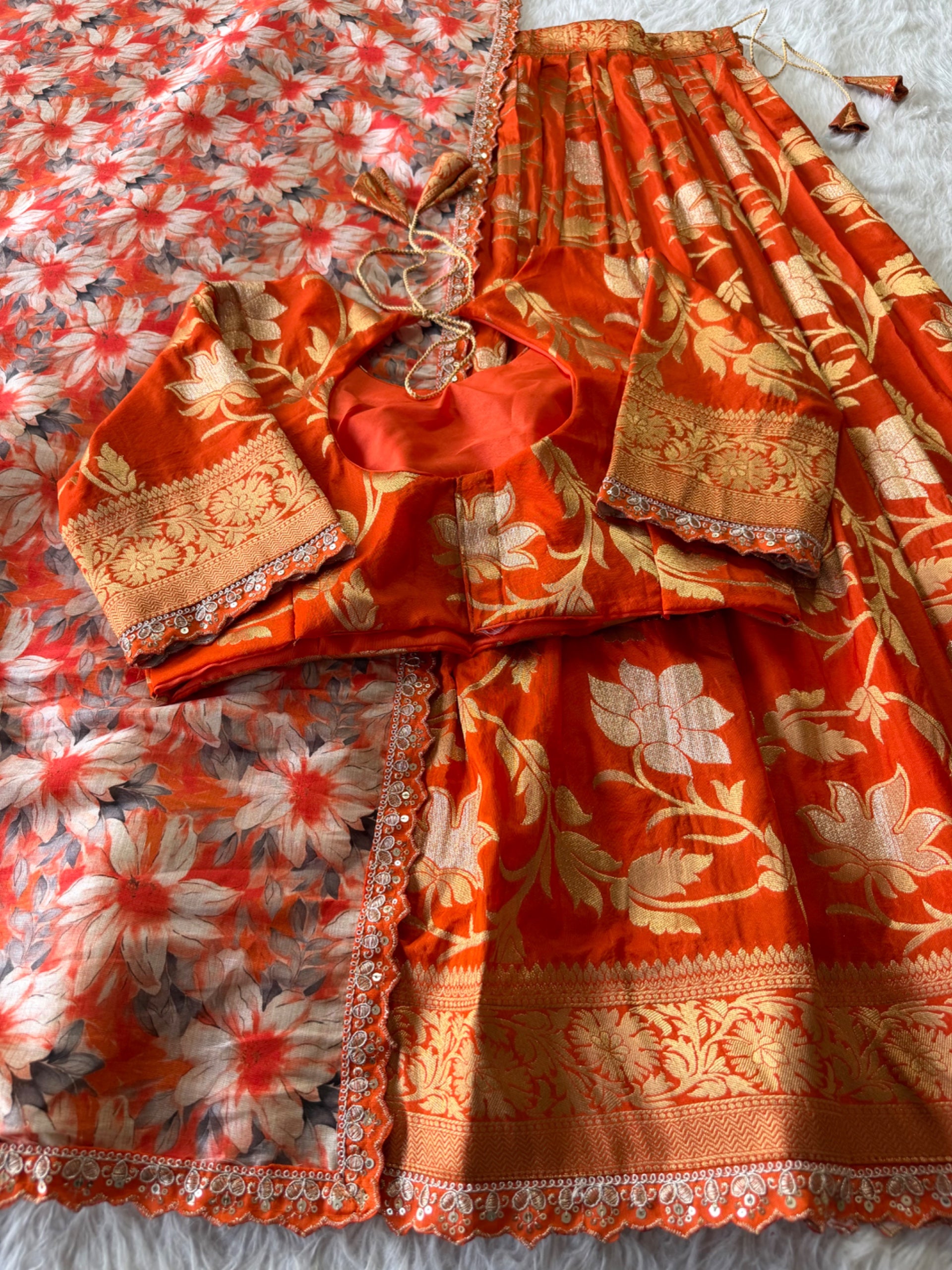 Golden Khadi Lehenga Set - Orange