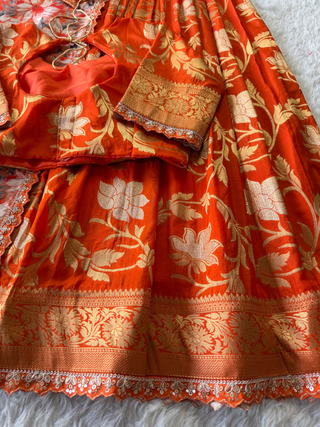 Golden Khadi Lehenga Set - Orange