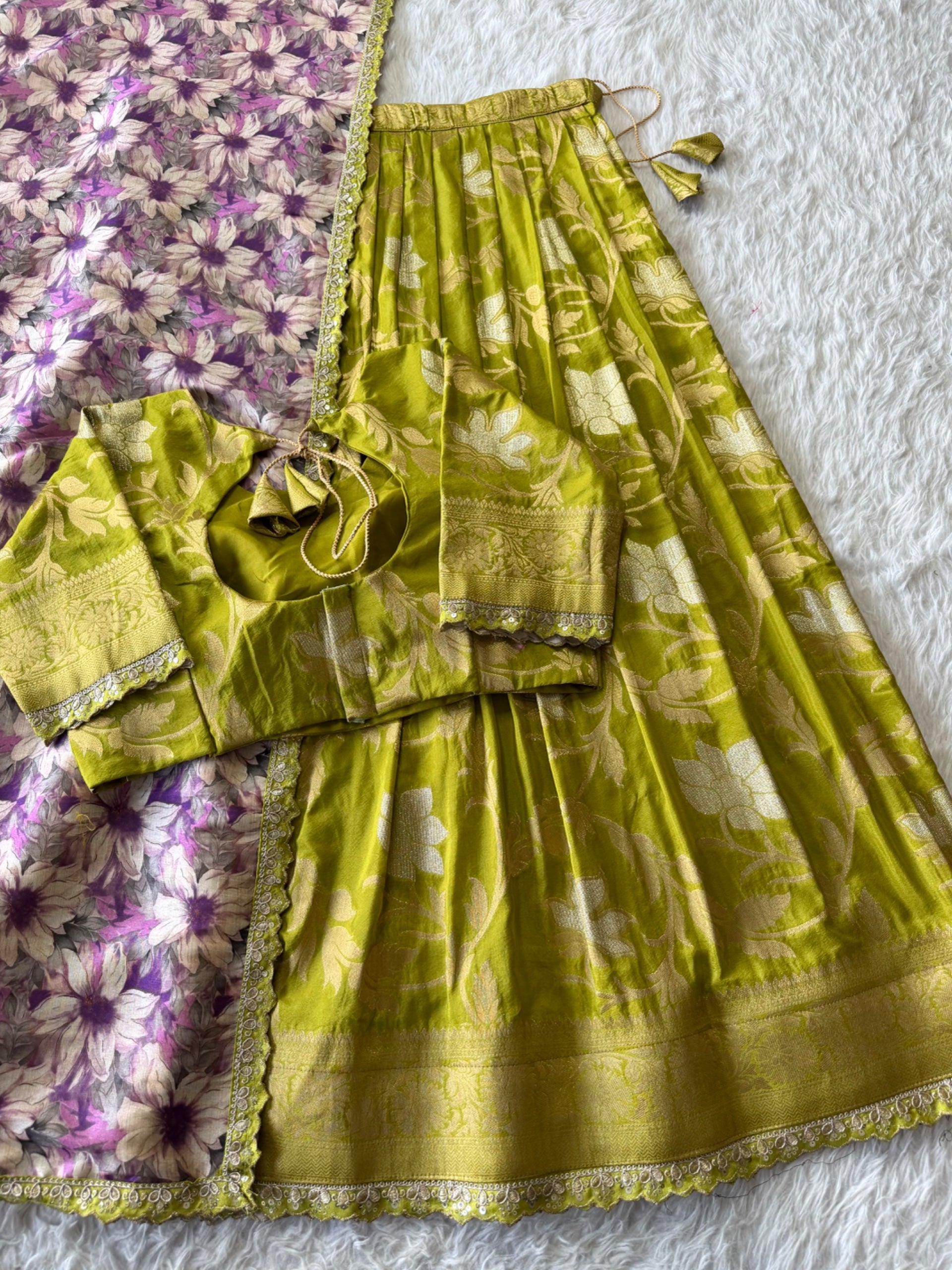 Golden Khadi Lehenga Set - Olive Green