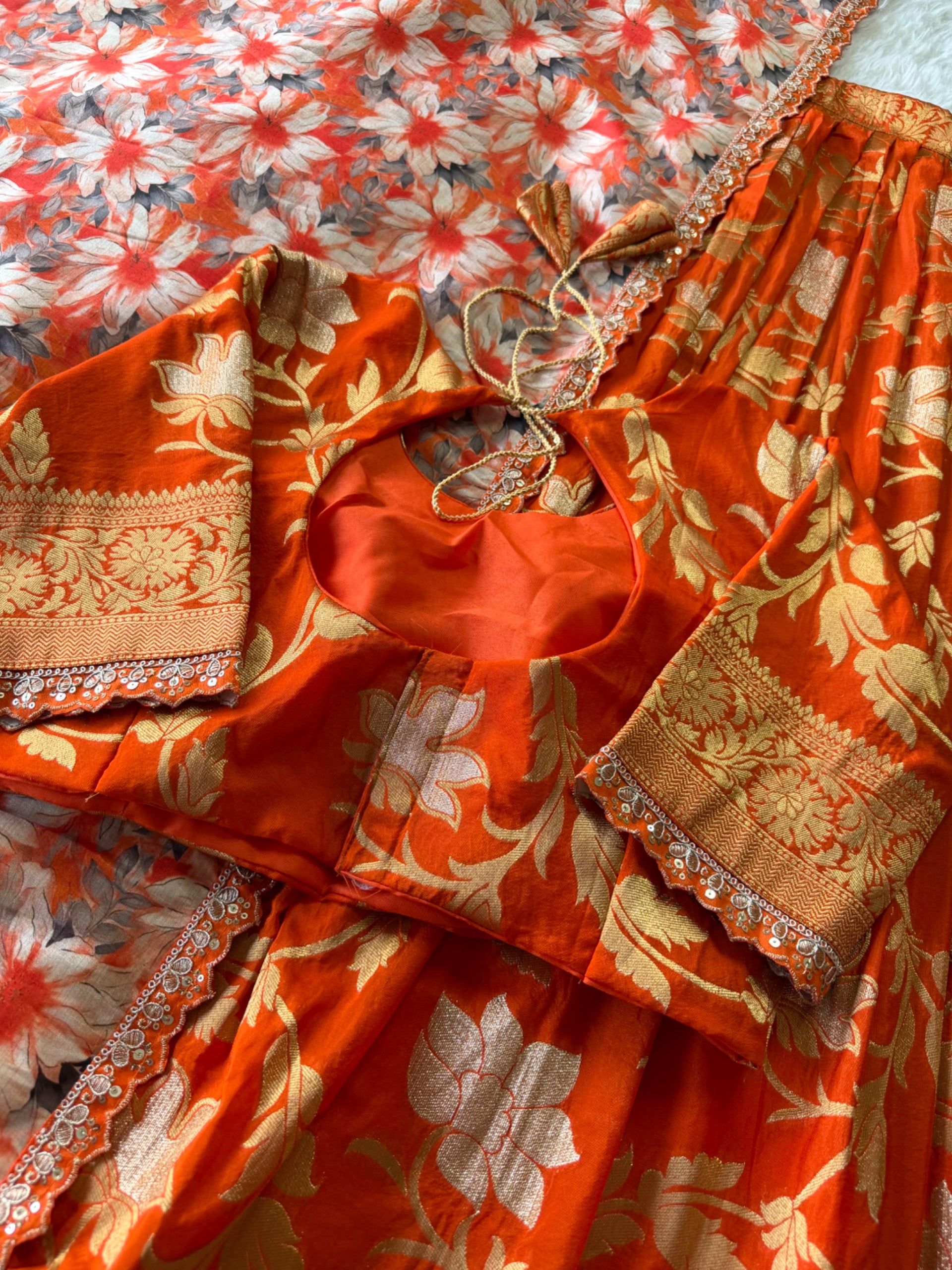 Golden Khadi Lehenga Set - Orange