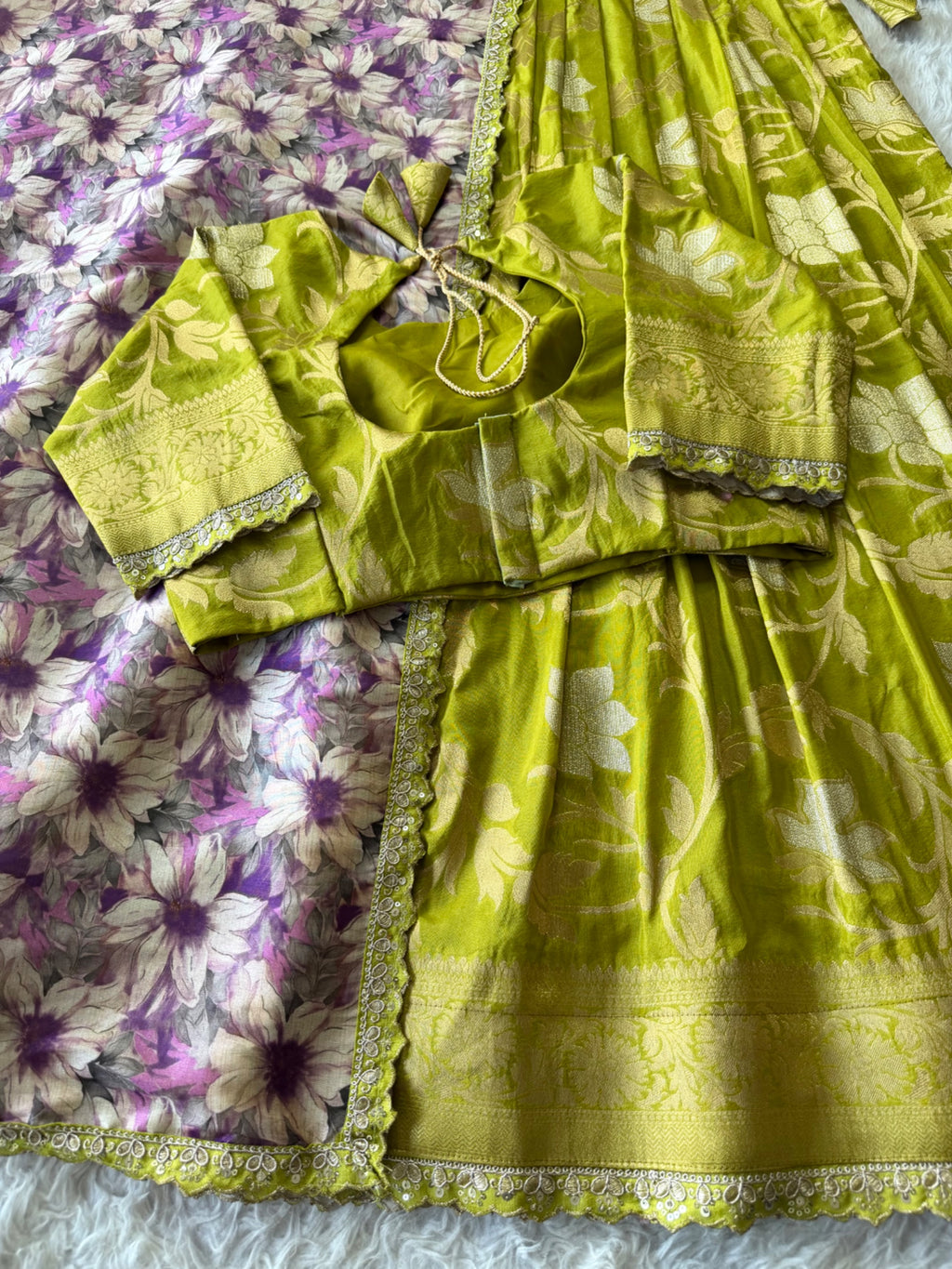 Golden Khadi Lehenga Set - Olive Green