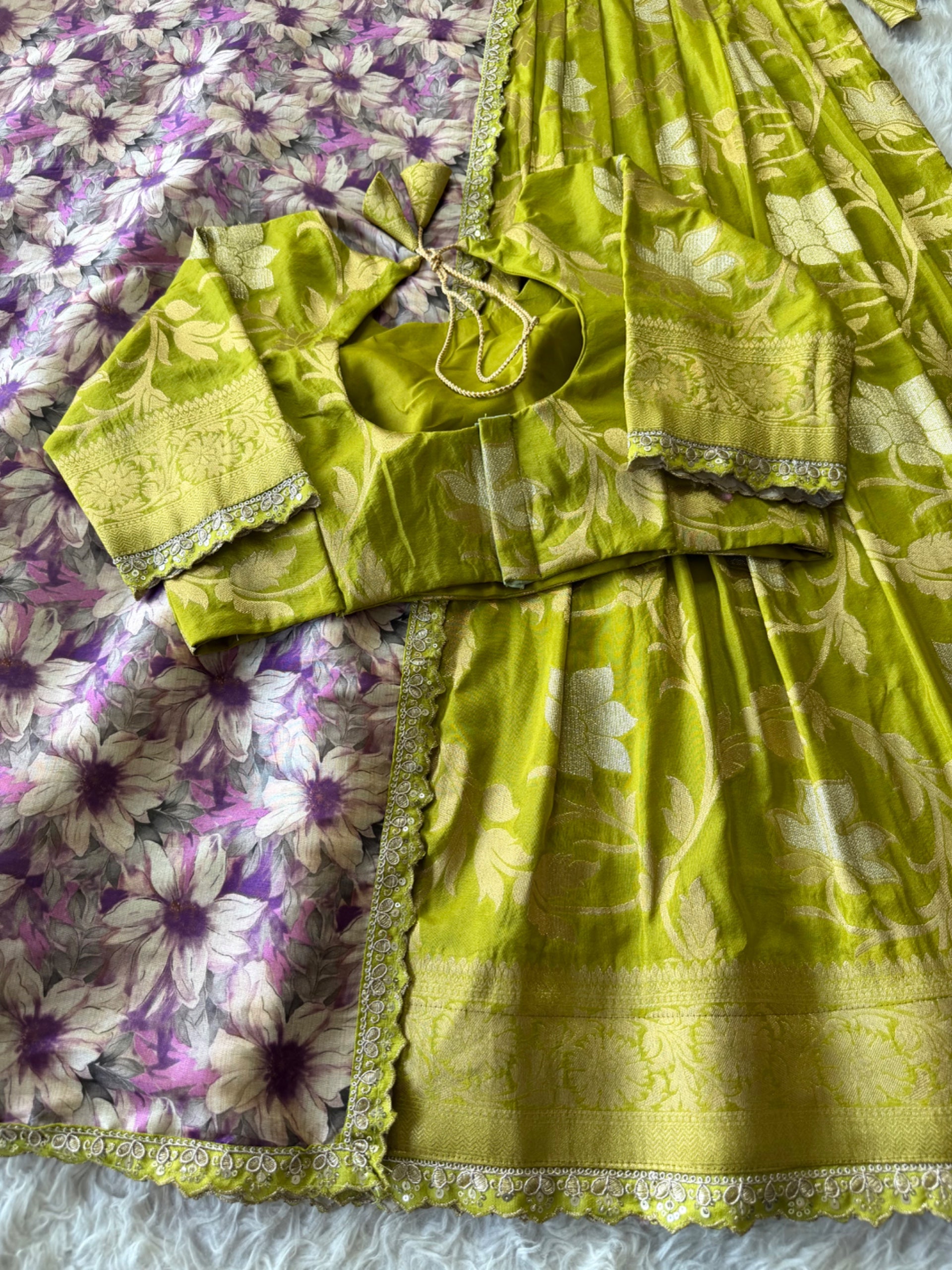 Golden Khadi Lehenga Set - Olive Green