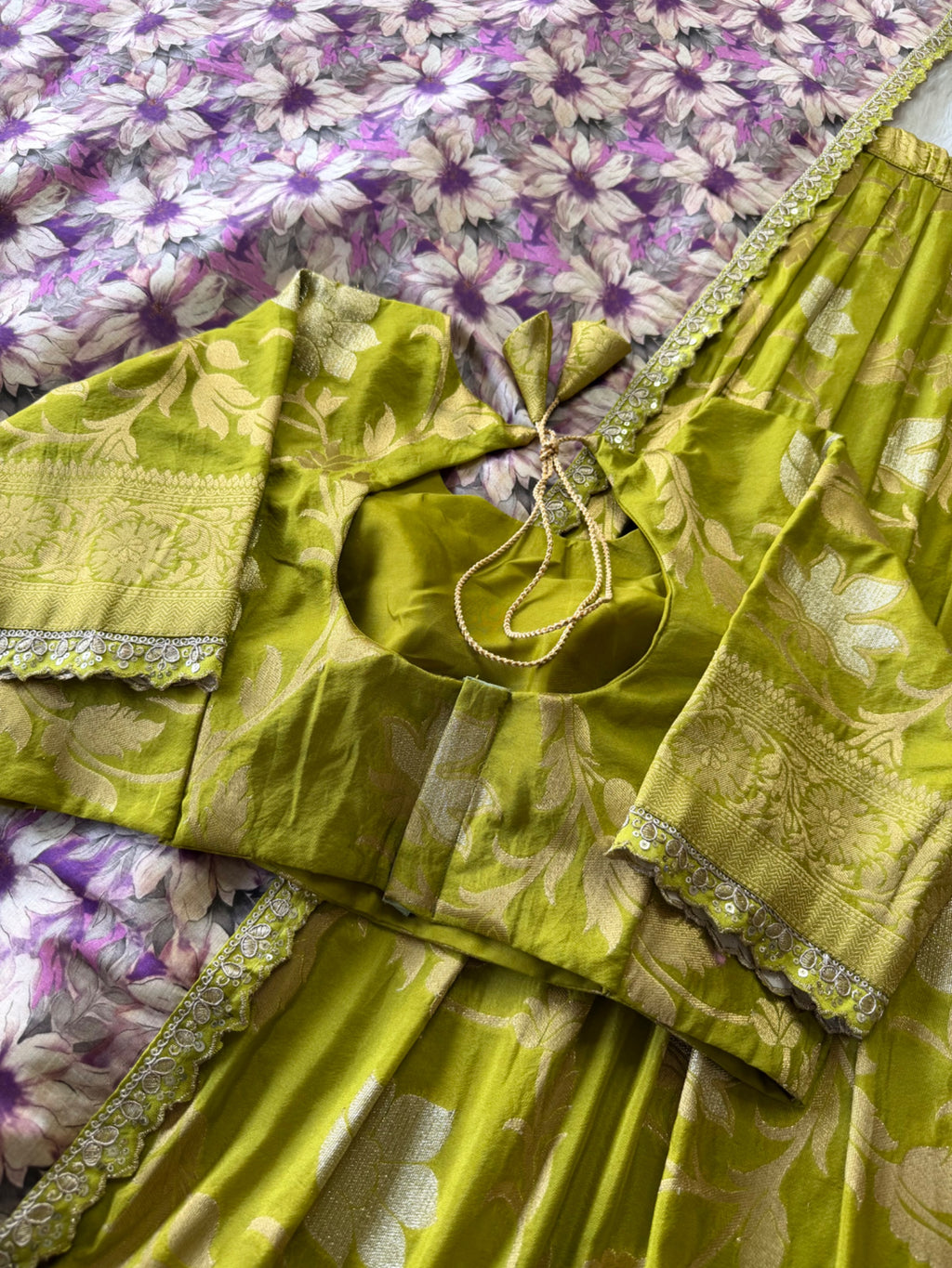 Golden Khadi Lehenga Set - Olive Green