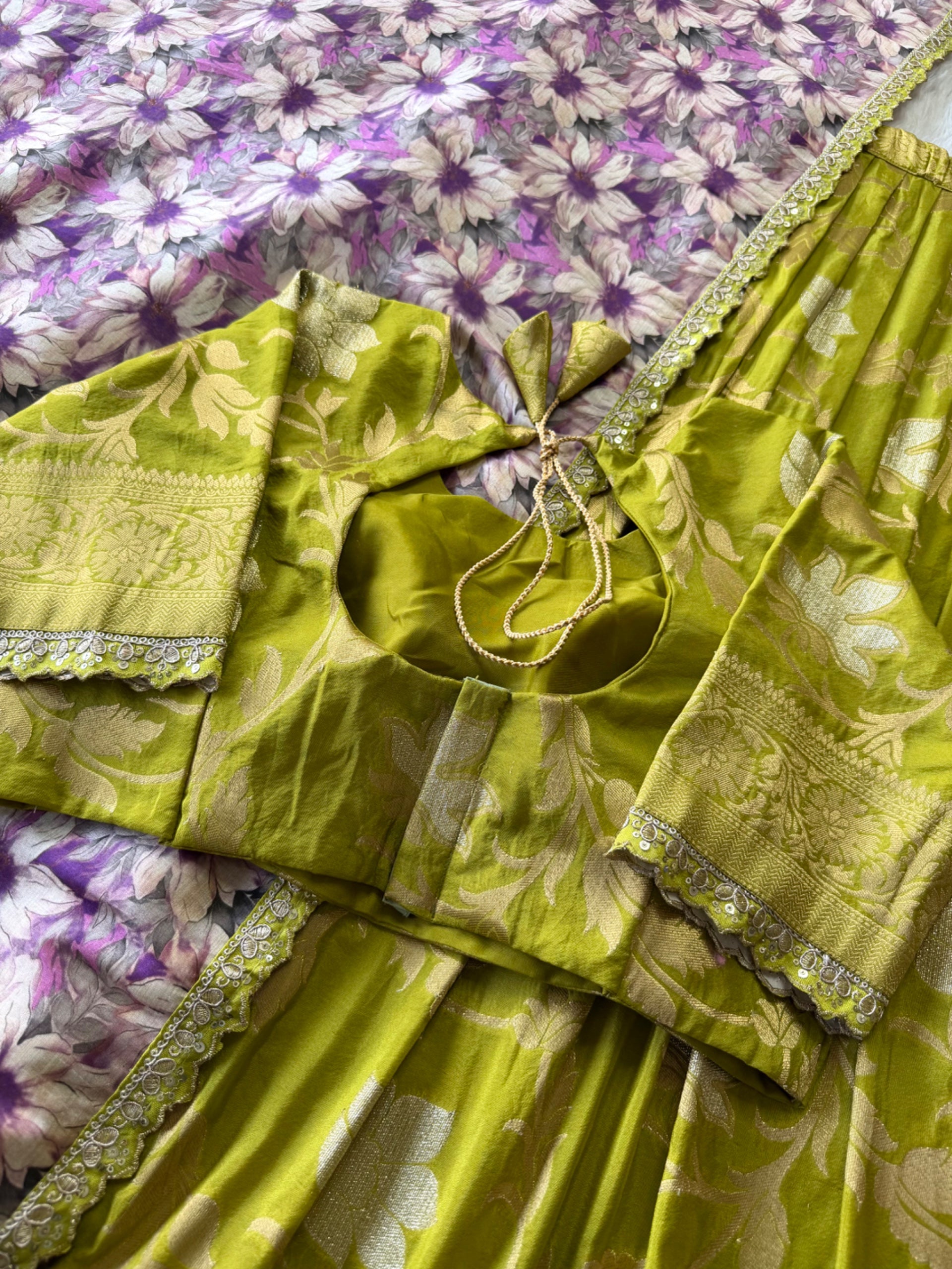 Golden Khadi Lehenga Set - Olive Green