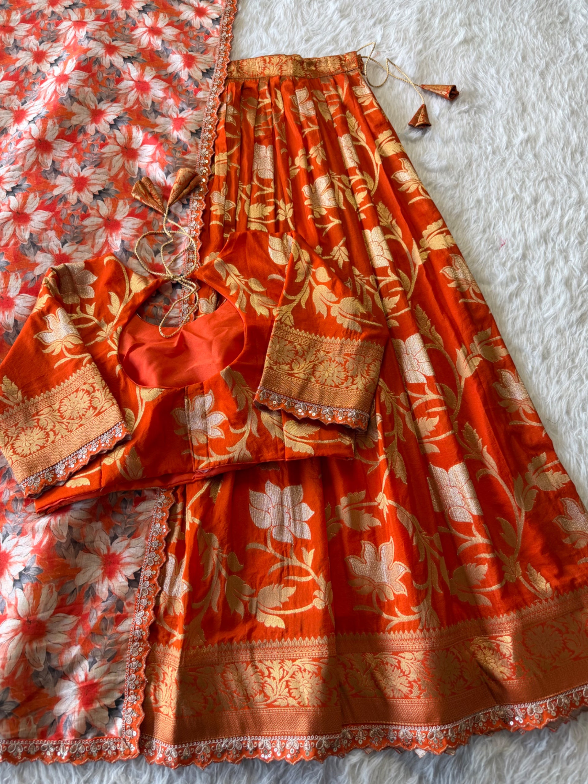 Golden Khadi Lehenga Set - Orange