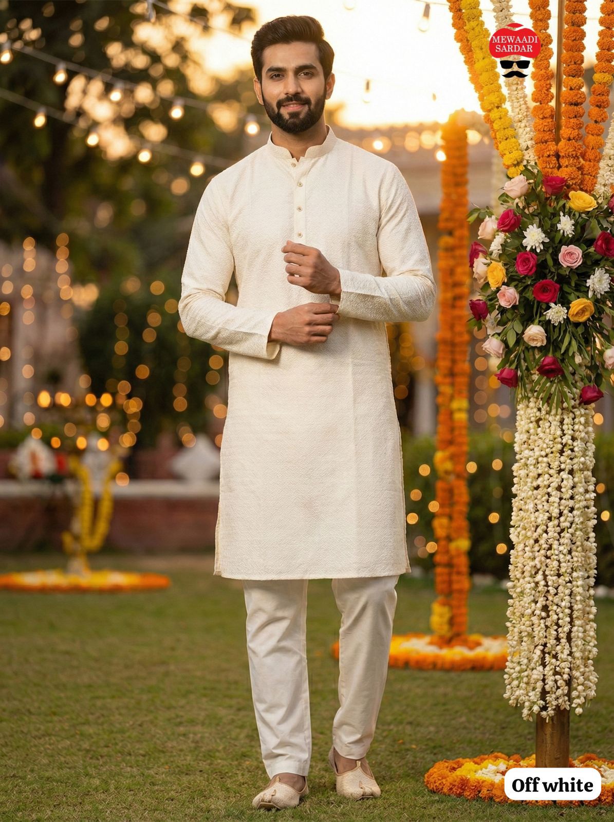 Men's Jacquard Kurta Pyjama Set - Off White